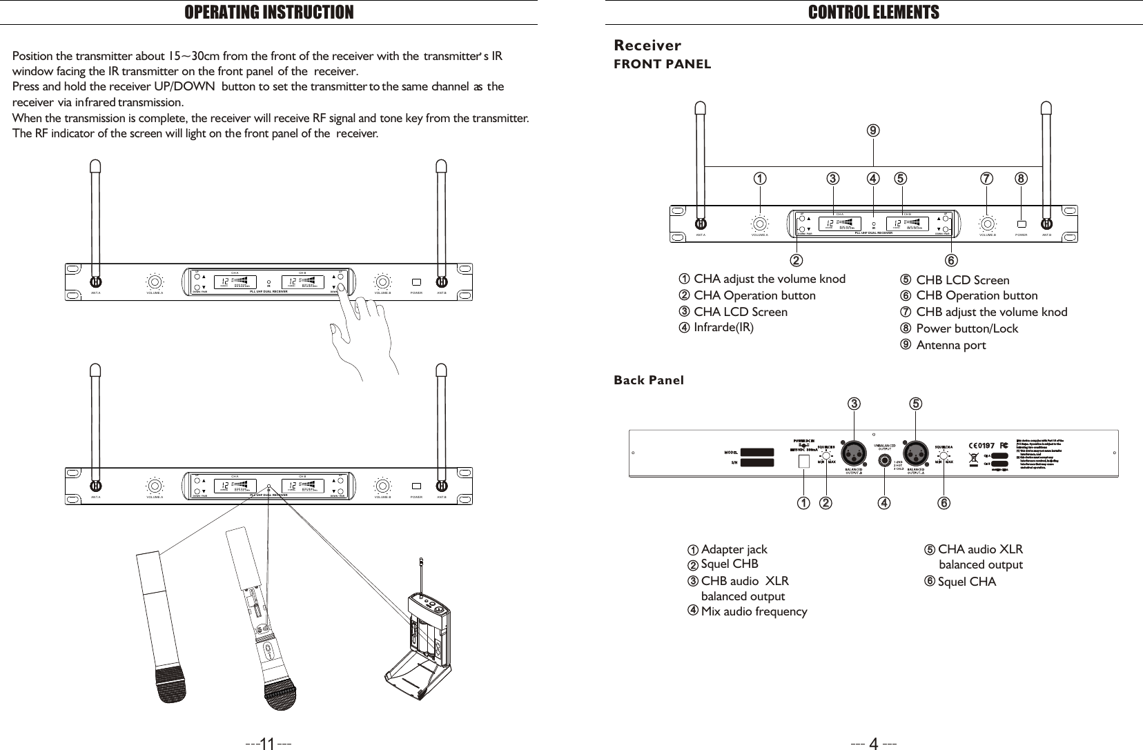 5566778899  CHB LCD Screen  CHB Operation button  CHB adjust the volume knod  Power button/LockAntenna port11223344  CHA adjust the volume knod  CHA Operation button  CHA LCD Screen  Infrarde(IR)UPDOWN / PAIRIRCH A CH BPLL UHF DUAL RECEIVERUPDOWN / PAIRANT.A VOLUME.A VOLUME.B POWER ANT.B112233445566778899FRONT PANELReceiver11  CHB audio  XLR  balanced output2233  Adapter jack44  Mix audio frequency  Squel CHB  CHA audio XLR   balanced  output55  Squel CHA661122334455664CONTROL ELEMENTSBack PanelOPERATING INSTRUCTIONPosition the transmitter about 15~30cm from the front of the receiver with the  transmitter s IR window facing the IR transmitter on the front panel of the  receiver.Press and hold the receiver UP/DOWN  button to set the transmitter to t he s ame c hannel a s t here ceiver vi a in frared tr ansmission.When the transmission is complete, the receiver will receive RF signal and tone key from the transmitter. The RF indicator of the screen will light on the front panel of the  receiver.,UPDOWN / PAIRIRCH A CH BPLL UHF DUAL RECEIVERUPDOWN / PAIRANT.A VOLUME.A VOLUME.B POWER ANT.BUPDOWN / PAIRIRCH A CH BPLL UHF DUAL RECEIVERUPDOWN / PAIRANT.A VOLUME.A VOLUME.B POWER ANT.B11