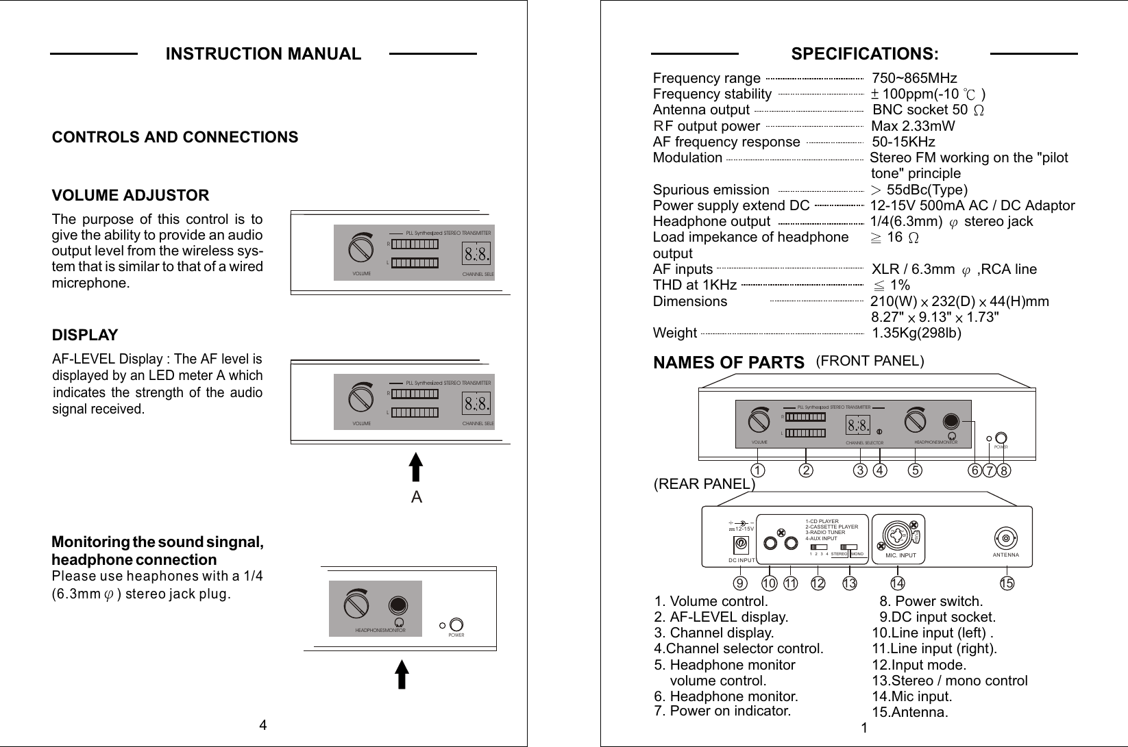 1SPECIFICATIONS:Frequency range                            750~865MHzFrequency stability                         100ppm(-10 )Antenna output                               BNC socket 50   F output power                            Max 2.33mWAF frequency response                  50-15KHzModulation                                     Stereo FM working on the &quot;pilot                                                         tone&quot; principleSpurious emission                          55dBc(Type)Power supply extend DC               12-15V 500mA AC / DC AdaptorHeadphone output                         1/4(6.3mm) stereo jackLoad impekance of headphone      16outputAF inputs                                        XLR / 6.3mm ,RCA lineTHD at 1KHz                                   1%Dimensions                                    210(W) 232(D) 44(H)mm                                                       8.27&quot;  9.13&quot; 1.73&quot;Weight                                            1.35Kg(298lb)                      R  1. Volume control.  2. AF-LEVEL display.  3. Channel display.  4.Channel selector control.  5. Headphone monitor       volume control.  6. Headphone monitor.  7. Power on indicator.  8. Power switch.  9.DC input socket.10.Line input (left) .11.Line input (right).12.Input mode.13.Stereo / mono control 14.Mic input.15.Antenna.(FRONT PANEL)NAMES OF PARTS(REAR PANEL)DC INPUT     12-15V+         +         --PUSH22   B    1MIC. INPUT1-CD PLAYER2-CASSETTE PLAYER3-RADIO TUNER4-AUX INPUT1   2   3   4    STEREO  MONO ANTENNA910 11 12 13 14 151243567HEADPHONESMONITOR VOLUMEL RCHANNEL SELECTORPLL Synthes zed STEREO TRANSMITTERPOWER84CONTROLS AND CONNECTIONSINSTRUCTION MANUALVOLUMEL RCHANNEL SELEPLL Synthes zed STEREO TRANSMITTERDISPLAYA AF-LEVEL Display : The AF level is displayed by an LED meter A which indicates the strength of the audio signal received.VOLUME ADJUSTORThe purpose of this control is to give the ability to provide an audio output level from the wireless sys-tem that is similar to that of a wired micrephone.VOLUMEL RCHANNEL SELEPLL Synthes zed STEREO TRANSMITTERMonitoring the sound singnal, headphone connectionPlease use heaphones with a 1/4(6.3mm ) stereo jack plug.HEADPHONESMONITOR POWER