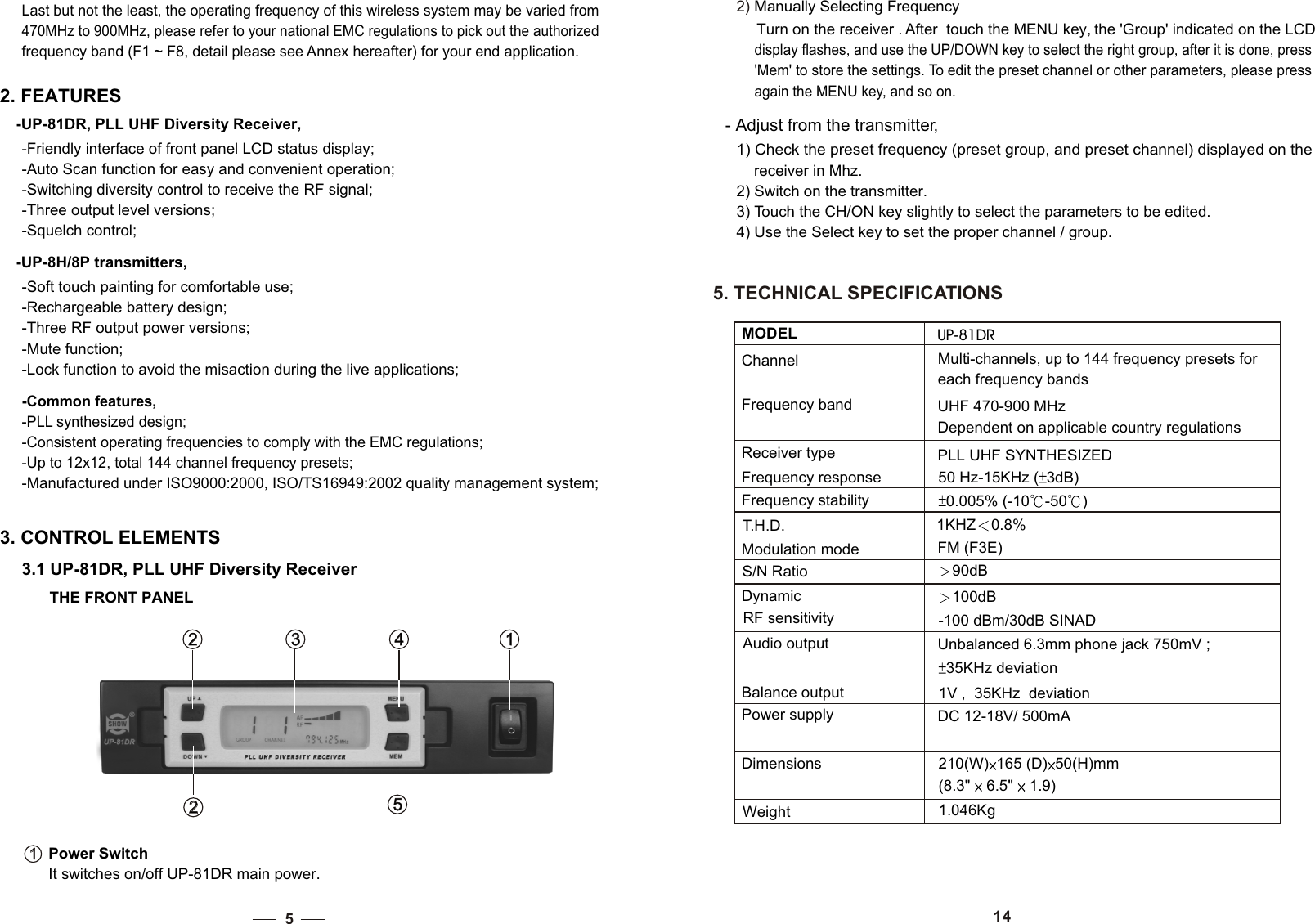 470MHz to 900MHz, please refer to your national EMC regulations to pick out the authorized frequency band (F1 ~ F8, detail please see Annex hereafter) for your end application. 2. FEATURES-UP-81DR, PLL UHF Diversity Receiver,-Friendly interface of front panel LCD status display;-Auto Scan function for easy and convenient operation; -Switching diversity control to receive the RF signal;-Three output level versions;-Squelch control; -UP-8H/8P transmitters,-Soft touch painting for comfortable use; -Rechargeable battery design;-Three RF output power versions;-Mute function; -Lock function to avoid the misaction during the live applications;-Common features, -PLL synthesized design;-Consistent operating frequencies to comply with the EMC regulations; -Up to 12x12, total 144 channel frequency presets; -Manufactured under ISO9000:2000, ISO/TS16949:2002 quality management system; 3. CONTROL ELEMENTS3.1 UP-81DR, PLL UHF Diversity ReceiverPower SwitchIt switches on/off UP-81DR main power.1   1   1   1   2   2    3   3    4   4   5   5   2   2    THE FRONT PANEL5    Last but not the least, the operating frequency of this wireless system may be varied from - Adjust from the transmitter,  1) Check the preset frequency (preset group, and preset channel) displayed on the receiver in Mhz.  2) Switch on the transmitter.  3) Touch the CH/ON key slightly to select the parameters to be edited.  4) Use the Select key to set the proper channel / group. 2) Manually Selecting FrequencyTurn on the receiver . After  touch the MENU key, the &apos;Group&apos; indicated on the LCD   display flashes, and use the UP/DOWN key to select the right group, after it is done, press  &apos;Mem&apos; to store the settings. To edit the preset channel or other parameters, please press      again the MENU key, and so on.MODELChannelFrequency bandReceiver typeFrequency responseFrequency stabilityT.H.D.Modulation modeS/N RatioDynamicRF sensitivityAudio outputBalance outputPower supplyDimensionsWeight UP-81DRMulti-channels, up to 144 frequency presets for each frequency bandsUHF 470-900 MHzDependent on applicable country regulationsPLL UHF SYNTHESIZED50 Hz-15KHz ( 3dB)0.005% (-10 -50 )1KHZ 0.8%FM (F3E)90dB100dB-100 dBm/30dB SINADUnbalanced 6.3mm phone jack 750mV ;35KHz deviation1V ,  35KHz  deviationDC 12-18V/ 500mA5. TECHNICAL SPECIFICATIONS14210(W) 165 (D) 50(H)mm(8.3&quot;  6.5&quot;  1.9) 1.046Kg