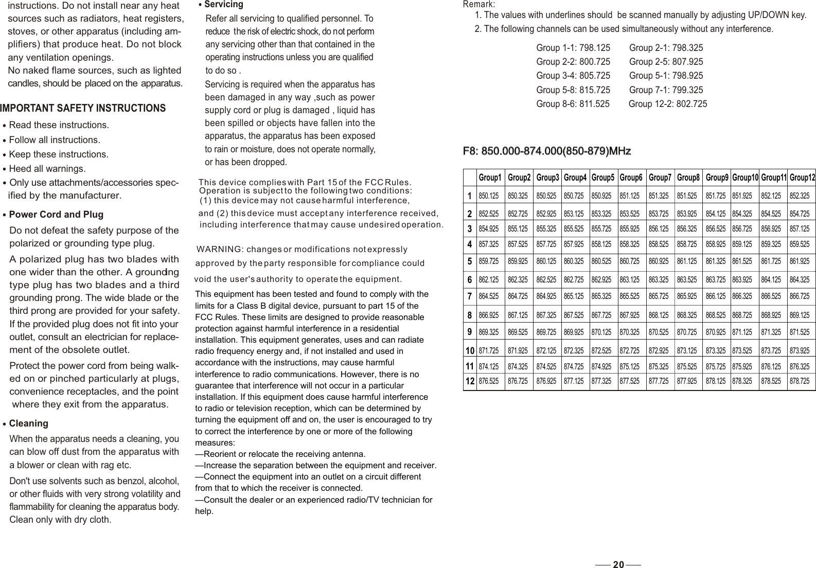 Remark: 1. The values with underlines should  be scanned manually by adjusting UP/DOWN key. 2. The following channels can be used simultaneously without any interference.                           Group 1-1: 798.125        Group 2-1: 798.325                          Group 2-2: 800.725        Group 2-5: 807.925                          Group 3-4: 805.725        Group 5-1: 798.925                          Group 5-8: 815.725        Group 7-1: 799.325                          Group 8-6: 811.525        Group 12-2: 802.725IMPORTANT SAFETY INSTRUCTIONS Read these instructions.Keep these instructions.Heed all warnings.Only use attachments/accessories spec-   ified by the manufacturer.Power Cord and PlugDo not defeat the safety purpose of the polarized or grounding type plug. A polarized plug has two blades with one wider than the other. A grounding type plug has two blades and a third grounding prong. The wide blade or the third prong are provided for your safety. If the provided plug does not fit into your outlet, consult an electrician for replace-ment of the obsolete outlet.Protect the power cord from being walk-ed on or pinched particularly at plugs, convenience receptacles, and the point where they exit from the apparatus.Cleaning When the apparatus needs a cleaning, you can blow off dust from the apparatus with a blower or clean with rag etc. Don&apos;t use solvents such as benzol, alcohol, or other fluids with very strong volatility and flammability for cleaning the apparatus body. Clean only with dry cloth.ServicingRefer all servicing to qualified personnel. To reduce  the risk of electric shock, do n ot perform any servicing other than that contained in the operating instructions unless you are qualified to do so .Servicing is required when the apparatus has been damaged in any way ,such as power supply cord or plug is damaged , liquid has been spilled or objects have fallen into the apparatus, the apparatus has been exposed to rain or moisture, does not operate normally, or has been dropped.Follow all instructions.instructions. Do not install near any heat sources such as radiators, heat registers, stoves, or other apparatus (including am-plifiers) that produce heat. Do not block any ventilation openings. No naked flame sources, such as lighted candles, should be  placed on the  apparatus.20  F8: 850.000-874.000(850-879)MHz  F8: 850.000-874.000(850-879)MHz123456789101112Group1 Group2 Group3 Group4 Group5 Group6 Group7 Group8 Group9 Group10 Group11Group12850.125  850.325  850.525  850.725  850.925  851.125  851.325  851.525  851.725  851.925  852.125  852.325 852.525  852.725  852.925  853.125  853.325  853.525  853.725  853.925  854.125  854.325  854.525  854.725 854.925  855.125  855.325  855.525  855.725  855.925  856.125  856.325  856.525 856.725  856.925  857.125 857.325  857.525  857.725 857.925 858.125 858.325  858.525 858.725 858.925 859.125 859.325 859.525 859.725 859.925 860.125 860.325 860.525 860.725 860.925 861.125 861.325 861.525 861.725 861.925 862.125 862.325 862.525 862.725 862.925 863.125 863.325 863.525 863.725 863.925 864.125 864.325 864.525 864.725 864.925 865.125 865.325 865.525 865.725 865.925 866.125 866.325 866.525 866.725 866.925 867.125 867.325 867.525 867.725 867.925 868.125 868.325 868.525 868.725 868.925 869.125 869.325 869.525 869.725 869.925 870.125 870.325 870.525 870.725 870.925 871.125 871.325 871.525 871.725 871.925 872.125 872.325 872.525 872.725 872.925 873.125 873.325 873.525 873.725 873.925 874.125 874.325 874.525 874.725 874.925 875.125 875.325 875.525 875.725 875.925 876.125 876.325 876.525 876.725 876.925 877.125 877.325 877.525 877.725 877.925 878.125 878.325 878.525 878.725 This device complies with Part 15 of the FCC Rules. Operation is subject to the following two conditions: (1) this device may not cause harmful interference, and (2) this device must accept any interference received, including interference that may cause undesired operation.WARNING: changes or modifications not expressly approved by the party responsible for compliance could void the user&apos;s authority to operate the equipment.This equipment has been tested and found to comply with the limits for a Class B digital device, pursuant to part 15 of the FCC Rules. These limits are designed to provide reasonable protection against harmful interference in a residential installation. This equipment generates, uses and can radiate radio frequency energy and, if not installed and used in accordance with the instructions, may cause harmful interference to radio communications. However, there is no guarantee that interference will not occur in a particular installation. If this equipment does cause harmful interference to radio or television reception, which can be determined by turning the equipment off and on, the user is encouraged to try to correct the interference by one or more of the following measures: —Reorient or relocate the receiving antenna. —Increase the separation between the equipment and receiver. —Connect the equipment into an outlet on a circuit different from that to which the receiver is connected. —Consult the dealer or an experienced radio/TV technician for help.
