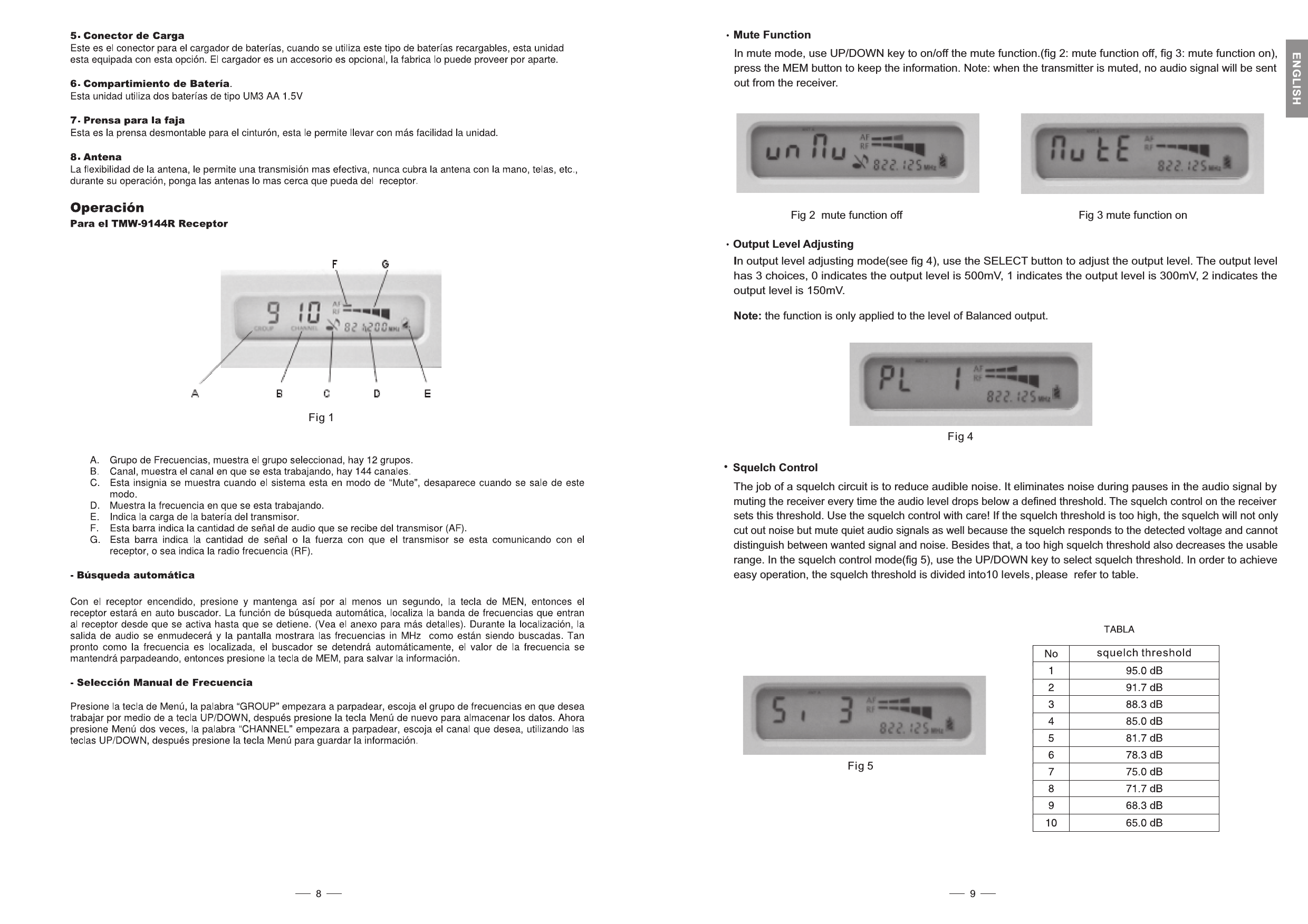 Fig 3 mute function onFig 2 mute function offOutput Level AdjustingIn output level adjusting mode(see fig 4), use the SELECT button to adjust the output level. The output levelhas 3 choices, 0 indicates the output level is 500mV, 1 indicates the output level is 300mV, 2 indicates theoutput level is 150mV.Fig 4Note: the function is only applied to the level of Balanced output.Squelch ControlFig 5Mute FunctionIn mute mode, use UP/DOWN key to on/off the mute function.(fig 2 mute function off, fig 3: mute function on),:press the MEM button to keep the information. Note: when the transmitter is muted, no audio signal will be sentout from the receiver.9ENGLISHThe job of a squelch circuit is to reduce audible noise. It eliminates noise during pauses in the audio signal bymuting the receiver every time the audio level drops below a defined threshold. The squelch control on the receiversets this threshold. Use the squelch control with care! If the squelch threshold is too high, the squelch will not onlycut out noise but mute quiet audio signals as well because the squelch responds to the detected voltage and cannotdistinguish between wanted signal and noise. Besides that, a too high squelch threshold also decreases the usablerange. In the squelch control mode(fig 5), use the UP/DOWN key to select squelch threshold. In order to achieveeasy operation, the squelch threshold is divided into10 levels, please refer to table.8Fig 1