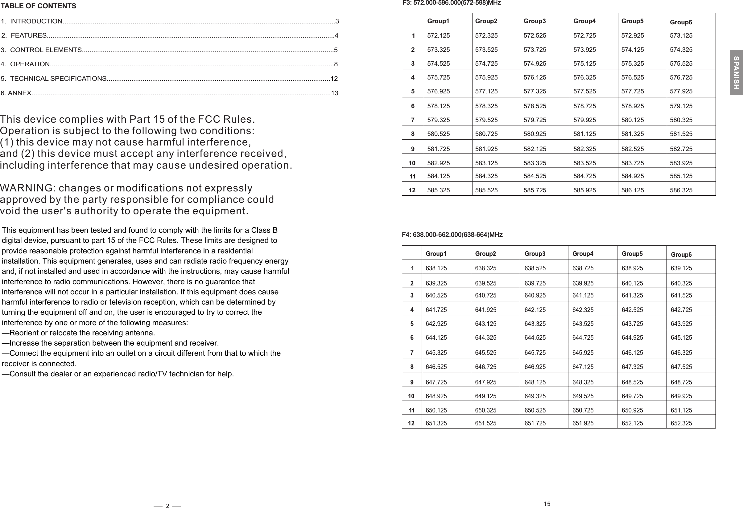 TABLE OF CONTENTS1. .. .2. ...... ......... . ........... .......................................43. .... . .. .... .54. ... .. ... ... . ......................................85.INTRODUCTIONFEATURESCONTROL ELEMENTSOPERATIONTECHNICAL SPECIFICATIONSANNEX. ............................................................................................................................................3.... . ..................... .................................................................... . ............................................................................................................... .... .. .. ... ................................................................................................................................................................................................................126. ..............................................................................................................................................................132F4: 638.000-662.000(638-664)MHzF4: 638.000-662.000(638-664)MHz1Group1 Group2 Group3 Group4 Group5 Group6638.125 638.325 638.525 638.725 638.925 639.125639.325 639.525 639.725 639.925 640.125 640.325640.525 640.725 640.925 641.125 641.325 641.525641.725 641.925 642.125 642.325 642.525 642.725642.925 643.125 643.325 643.525 643.725 643.925644.125 644.325 644.525 644.725 644.925 645.125645.325 645.525 645.725 645.925 646.125 646.325646.525 646.725 646.925 647.125 647.325 647.525647.725 647.925 648.125 648.325 648.525 648.725648.925 649.125 649.325 649.525 649.725 649.925650.125 650.325 650.525 650.725 650.925 651.125651.325 651.525 651.725 651.925 652.125 652.32523456789101112F3: 572.000-596.000(572-598)MHzF3: 572.000-596.000(572-598)MHz123456789101112Group1 Group2 Group3 Group4 Group5 Group6572.125 572.325 572.525 572.725 572.925 573.125573.325 573.525 573.725 573.925 574.125 574.325574.525 574.725 574.925 575.125 575.325 575.525575.725 575.925 576.125 576.325 576.525 576.725576.925 577.125 577.325 577.525 577.725 577.925578.125 578.325 578.525 578.725 578.925 579.125579.325 579.525 579.725 579.925 580.125 580.325580.525 580.725 580.925 581.125 581.325 581.525581.725 581.925 582.125 582.325 582.525 582.725582.925 583.125 583.325 583.525 583.725 583.925584.125 584.325 584.525 584.725 584.925 585.125585.325 585.525 585.725 585.925 586.125 586.32515SPANISHThis device complies with Part 15 of the FCC Rules.Operation is subject to the following two conditions:(1) this device may not cause harmful interference,and (2) this device must accept any interference received,including interference that may cause undesired operation.WARNING: changes or modifications not expresslyapproved by the party responsible for compliance couldvoid the user&apos;s authority to operate the equipment.This equipment has been tested and found to comply with the limits for a Class B digital device, pursuant to part 15 of the FCC Rules. These limits are designed to provide reasonable protection against harmful interference in a residential installation. This equipment generates, uses and can radiate radio frequency energy and, if not installed and used in accordance with the instructions, may cause harmful interference to radio communications. However, there is no guarantee that interference will not occur in a particular installation. If this equipment does cause harmful interference to radio or television reception, which can be determined by turning the equipment off and on, the user is encouraged to try to correct the interference by one or more of the following measures: —Reorient or relocate the receiving antenna. —Increase the separation between the equipment and receiver. —Connect the equipment into an outlet on a circuit different from that to which the receiver is connected. —Consult the dealer or an experienced radio/TV technician for help.