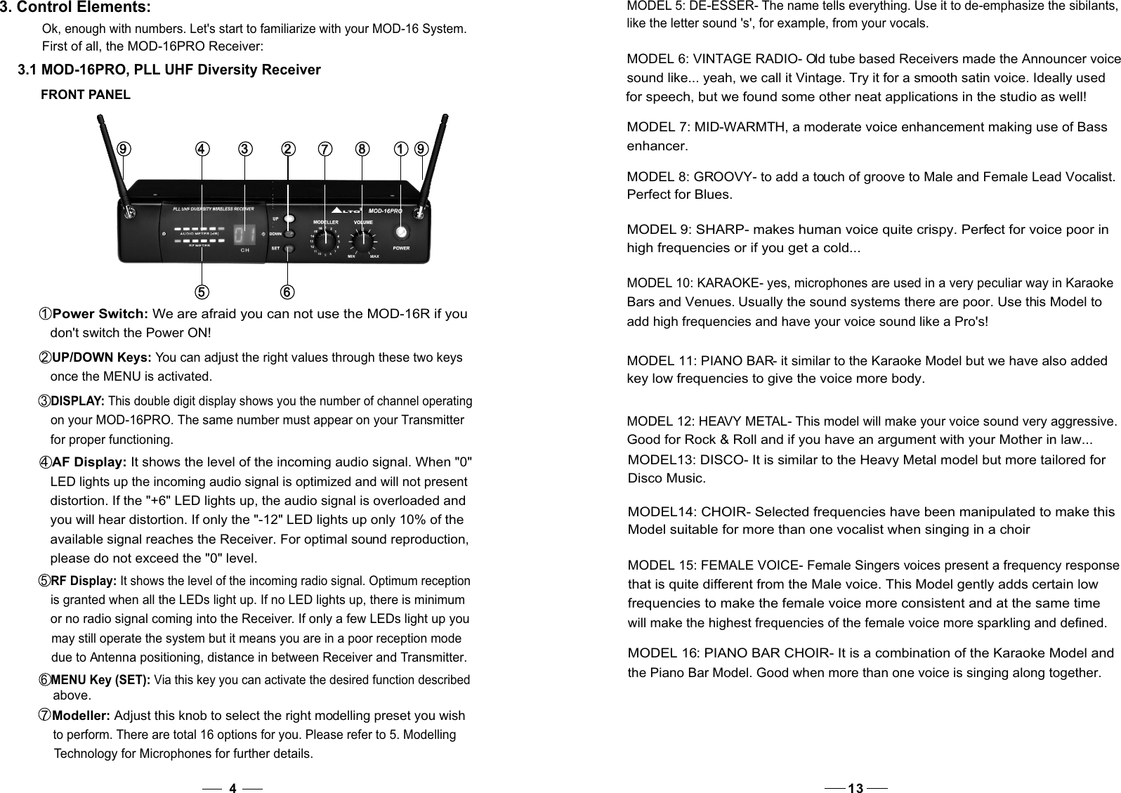 43. Control Elements:3.1 MOD-16PRO, PLL UHF Diversity Receiver FRONT PANEL1 Power Switch: We are afraid you can not use the MOD-16R if you    don&apos;t switch the Power ON!2 UP/DOWN Keys: You can adjust the right values through these two keys    once the MENU is activated.3 DISPLAY: This double digit display shows you the number of channel operating     on your MOD-16PRO. The same number must appear on your Transmitter    for proper functioning.4 AF Display: It shows the level of the incoming audio signal. When &quot;0&quot;    LED lights up the incoming audio signal is optimized and will not present    distortion. If the &quot;+6&quot; LED lights up, the audio signal is overloaded and     you will hear distortion. If only the &quot;-12&quot; LED lights up only 10% of the     available signal reaches the Receiver. For optimal sound reproduction,     please do not exceed the &quot;0&quot; level.5 RF Display: It shows the level of the incoming radio signal. Optimum reception     is granted when all the LEDs light up. If no LED lights up, there is minimum     or no radio signal coming into the Receiver. If only a few LEDs light up you    may still operate the system but it means you are in a poor reception mode   due to Antenna positioning, distance in between Receiver and Transmitter. 6 MENU Key (SET): Via this key you can activate the desired function described above.7 Modeller: Adjust this knob to select the right modelling preset you wish to perform. There are total 16 options for you. Please refer to 5. Modelling Technology for Microphones for further details. 99119988772233445566Ok, enough with numbers. Let&apos;s start to familiarize with your MOD-16 System. First of all, the MOD-16PRO Receiver:13MODEL 7: MID-WARMTH, a moderate voice enhancement making use of Bass enhancer.MODEL 8: GROOVY- to add a touch of groove to Male and Female Lead Vocalist. Perfect for Blues.MODEL 9: SHARP- makes human voice quite crispy. Perfect for voice poor in high frequencies or if you get a cold...MODEL 10: KARAOKE- yes, microphones are used in a very peculiar way in Karaoke Bars and Venues. Usually the sound systems there are poor. Use this Model to add high frequencies and have your voice sound like a Pro&apos;s!MODEL 12: HEAVY METAL- This model will make your voice sound very aggressive. Good for Rock &amp; Roll and if you have an argument with your Mother in law...MODEL 11: PIANO BAR- it similar to the Karaoke Model but we have also added key low frequencies to give the voice more body.MODEL 5: DE-ESSER- The name tells everything. Use it to de-emphasize the sibilants, like the letter sound &apos;s&apos;, for example, from your vocals.MODEL 6: VINTAGE RADIO- Old tube based Receivers made the Announcer voice sound like... yeah, we call it Vintage. Try it for a smooth satin voice. Ideally used for speech, but we found some other neat applications in the studio as well!MODEL13: DISCO- It is similar to the Heavy Metal model but more tailored for Disco Music.MODEL14: CHOIR- Selected frequencies have been manipulated to make thisModel suitable for more than one vocalist when singing in a choirMODEL 15: FEMALE VOICE- Female Singers voices present a frequency response that is quite different from the Male voice. This Model gently adds certain low frequencies to make the female voice more consistent and at the same time will make the highest frequencies of the female voice more sparkling and defined.MODEL 16: PIANO BAR CHOIR- It is a combination of the Karaoke Model and the Piano Bar Model. Good when more than one voice is singing along together.