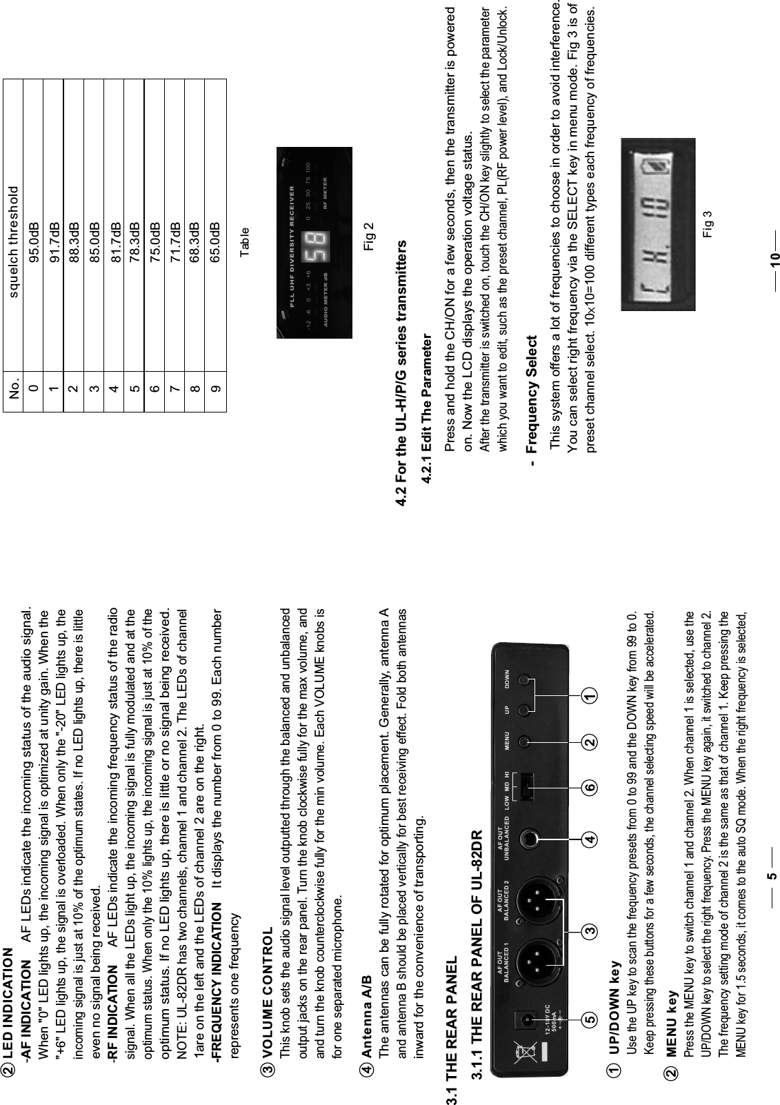 3.1 THE REAR PANEL510 LED INDICATION2-AF INDICATION     AF LEDs indicate the incoming status of the audio signal.When &quot;0&quot; LED lights up, the incoming signal is optimized at unity gain. When the &quot;+6&quot; LED lights up, the signal is overloaded. When only the &quot;-20&quot; LED lights up, the incoming signal is just at 10% of the optimum states. If no LED lights up, there is littleeven no signal being received.-RF INDICATION     AF LEDs indicate the incoming frequency status of the radio signal. When all the LEDs light up, the incoming signal is fully modulated and at theoptimum status. When only the 10% lights up, the incoming signal is just at 10% of the optimum status. If no LED lights up, there is little or no signal being received.  NOTE: UL-82DR has two channels, channel 1 and channel 2. The LEDs of channel1are on the left and the LEDs of channel 2 are on the right. -FREQUENCY INDICATION    It displays the number from 0 to 99. Each number represents one frequencyThis knob sets the audio signal level outputted through the balanced and unbalancedoutput jacks on the rear panel. Turn the knob clockwise fully for the max volume, andand turn the knob counterclockwise fully for the min volume. Each VOLUME knobs is for one separated microphone.  VOLUME CONTROL3  The antennas can be fully rotated for optimum placement. Generally, antenna A  and antenna B should be placed vertically for best receiving effect. Fold both antennas  inward for the convenience of transporting. Antenna A/B44.2 For the UL-H/P/G series transmitters4.2.1 Edit The ParameterPress and hold the CH/ON for a few seconds, then the transmitter is poweredon. Now the LCD displays the operation voltage status.After the transmitter is switched on, touch the CH/ON key slightly to select the parameter which you want to edit, such as the preset channel, PL(RF power level), and Lock/Unlock.-  Frequency SelectThis system offers a lot of frequencies to choose in order to avoid interference.You can select right frequency via the SELECT key in menu mode. Fig 3 is of preset channel select. 10 10=100 different types each frequency of frequencies.Fig 3Fig 235 4 1263.1.1 THE REAR PANEL OF UL-82DR Use the UP key to scan the frequency presets from 0 to 99 and the DOWN key from 99 to 0.Keep pressing these buttons for a few seconds, the channel selecting speed will be accelerated. UP/DOWN key1Press the MENU key to switch channel 1 and channel 2. When channel 1 is selected, use theUP/DOWN key to select the right frequency. Press the MENU key again, it switched to channel 2.The frequency setting mode of channel 2 is the same as that of channel 1. Keep pressing theMENU key for 1.5 seconds, it comes to the auto SQ mode. When the right frequency is selected, MENU key2TableNo. squelch threshold012345678995.0dB91.7dB88.3dB85.0dB81.7dB78.3dB75.0dB71.7dB68.3dB65.0dB