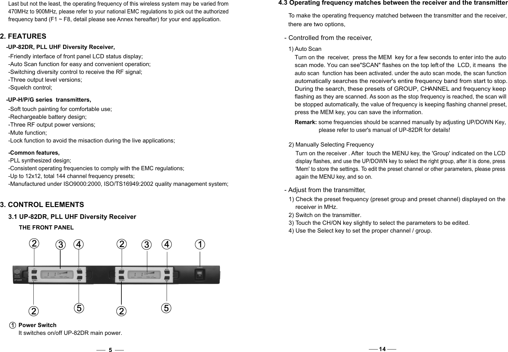 470MHz to 900MHz, please refer to your national EMC regulations to pick out the authorized frequency band (F1 ~ F8, detail please see Annex hereafter) for your end application. 2. FEATURES-UP-82DR, PLL UHF Diversity Receiver,-Friendly interface of front panel LCD status display;-Auto Scan function for easy and convenient operation; -Switching diversity control to receive the RF signal;-Three output level versions;-Squelch control; -UP-H/P/G series  transmitters,-Soft touch painting for comfortable use; -Rechargeable battery design;-Three RF output power versions;-Mute function; -Lock function to avoid the misaction during the live applications;-Common features, -PLL synthesized design;-Consistent operating frequencies to comply with the EMC regulations; -Up to 12x12, total 144 channel frequency presets; -Manufactured under ISO9000:2000, ISO/TS16949:2002 quality management system; 3. CONTROL ELEMENTS3.1 UP-82DR, PLL UHF Diversity ReceiverPower SwitchIt switches on/off UP-82DR main power.1   1    THE FRONT PANEL5    Last but not the least, the operating frequency of this wireless system may be varied from - Adjust from the transmitter,  1) Check the preset frequency (preset group and preset channel) displayed on the receiver in MHz.  2) Switch on the transmitter.  3) Touch the CH/ON key slightly to select the parameters to be edited.  4) Use the Select key to set the proper channel / group. 2) Manually Selecting FrequencyTurn on the receiver . After  touch the MENU key, the &apos;Group&apos; indicated on the LCD   display flashes, and use the UP/DOWN key to select the right group, after it is done, press  &apos;Mem&apos; to store the settings. To edit the preset channel or other parameters, please press      again the MENU key, and so on.142   2   2   2    3   3    4   4    1   1   5   5   3   3   2   2   2   2   4   4   5   5   4.3 Operating frequency matches between the receiver and the transmitter  To make the operating frequency matched between the transmitter and the receiver,  there are two options,  - Controlled from the receiver, 1) Auto ScanTurn on the  receiver,  the MEM  key press   for a few seconds to enter into the auto scan mode. You can see&quot;SCAN&quot; flashes on the top left of the  LCD, it means  the auto scan  function has been activated. under the auto scan mode, the scan functionautomatically searches the receiver&apos;s entire frequency band from start to stop. During the search, these presets of GROUP, CHANNEL and frequency keep flashing as they are scanned. As soon as the stop frequency is reached, the scan will be stopped automatically, the value of frequency is keeping flashing channel preset,press the MEM key, you can save the information.                Remark: some frequencies should be scanned manually by adjusting UP/DOWN Key,please refer to user&apos;s manual of UP-82DR for details!