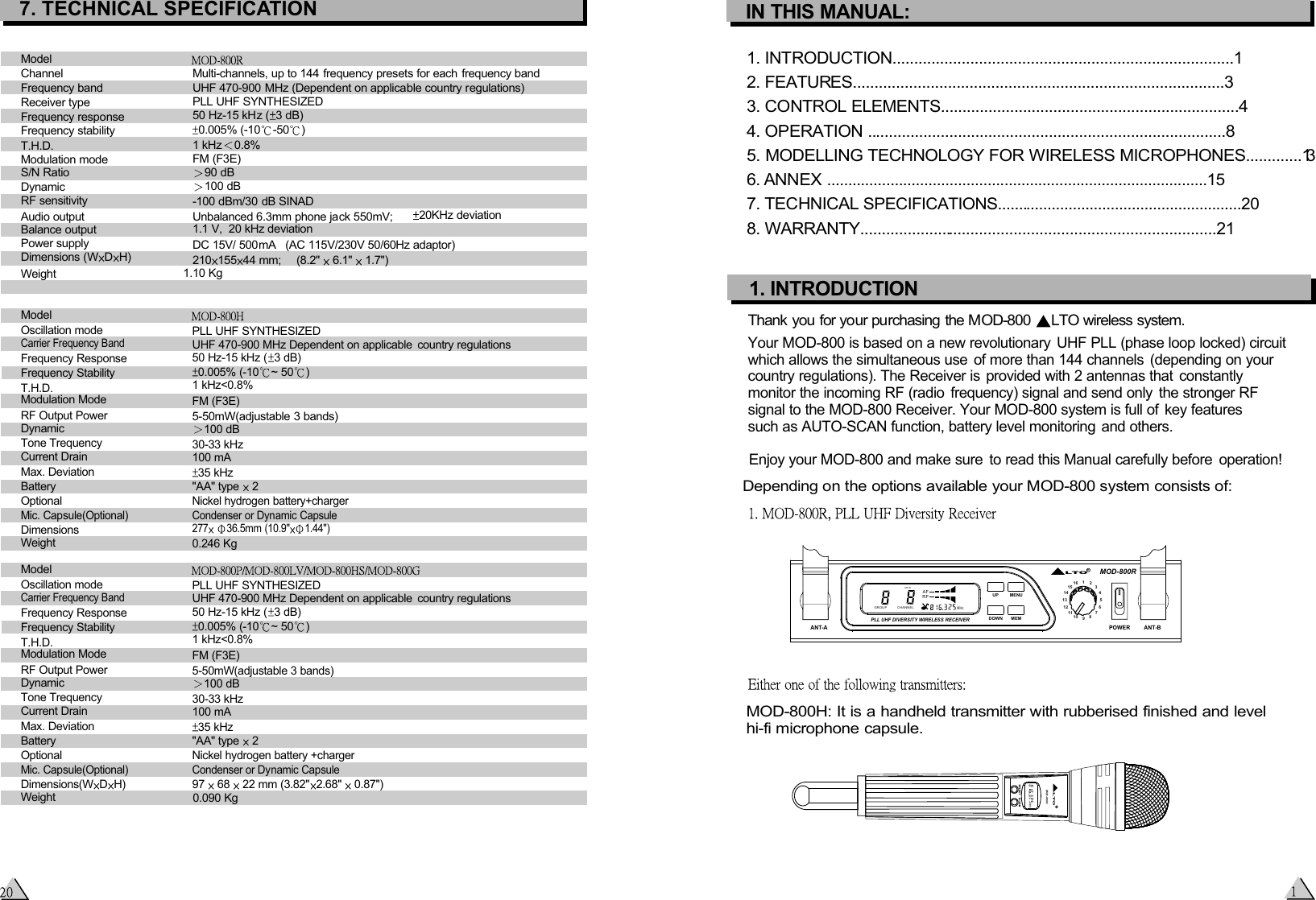 IN THIS MANUAL:1. INTRODUCTION...............................................................................12. FEATURES......................................................................................33. CONTROL ELEMENTS.....................................................................44. OPERATION ...................................................................................85. MODELLING TECHNOLOGY FOR WIRELESS MICROPHONES.............136. ANNEX ..........................................................................................157. TECHNICAL SPECIFICATIONS..........................................................208. WARRANTY...................................................................................211. INTRODUCTIONEnjoy your MOD-800 and make sure  to read this Manual carefully before  operation! Thank you for your purchasing the MOD-800  LTO wireless system.Your MOD-800 is based on a new revolutionary  UHF PLL (phase loop locked) circuit  which allows the simultaneous use  of more than 144 channels  (depending on your country regulations). The Receiver is provided with 2 antennas that  constantly monitor the incoming RF (radio  frequency) signal and send only  the stronger RF signal to the MOD-800 Receiver. Your MOD-800 system is full of  key features such as AUTO-SCAN function, battery level monitoring and others. MOD-800H: It is a handheld transmitter with rubberised finished and level hi-fi microphone capsule.    Depending on the options available your MOD-800 system consists of:ANT BGROUP CHANNELAFRFMHzMOD-800RANT-A ANT-BPOWERRLTOPLL UHF DIVERSITY WIRELESS RECEIVERUP MENUDOWN MEM 10 8911211 745632131415167. TECHNICAL SPECIFICATIONModelChannelFrequency bandReceiver typeFrequency responseFrequency stabilityT.H.D.Modulation modeS/N RatioDynamicRF sensitivityAudio outputBalance outputPower supplyDimensions (WDH) WeightMulti-channels, up to 144 frequency presets for each frequency bandUHF 470-900 MHz (Dependent on applicable country regulations)PLL UHF SYNTHESIZED50 Hz-15 kHz ( 3 dB)0.005% (-10 -50 )1 kHz 0.8%FM (F3E)90 dB100 dB-100 dBm/30 dB SINADUnbalanced 6.3mm phone jack 550mV; 20KHz deviation1.1 V,  20 kHz deviationDC 15V/ 500mA  (AC 115V/230V 50/60Hz adaptor)210 155 44 mm;  (8.2&quot;   6.1&quot;   1.7&quot;)              1.10 KgModelOscillation modeCarrier Frequency BandFrequency ResponseFrequency StabilityT.H.D.Modulation ModeRF Output PowerDynamicTone TrequencyCurrent DrainMax. DeviationBatteryOptionalMic. Capsule(Optional)DimensionsWeightPLL UHF SYNTHESIZEDUHF 470-900 MHz Dependent on applicable  country regulations50 Hz-15 kHz ( 3 dB)0.005% (-10 ~ 50 )FM (F3E)5-50mW(adjustable 3 bands)100 dB 30-33 kHz100 mA35 kHz &quot;AA&quot; type   2 Nickel hydrogen battery+chargerCondenser or Dynamic Capsule277  36.5mm (10.9&quot; 1.44&quot;) 0.246 Kg 1 kHz&lt;0.8%ModelOscillation modeCarrier Frequency BandFrequency ResponseFrequency StabilityT.H.D.Modulation ModeRF Output PowerDynamicTone TrequencyCurrent DrainMax. DeviationBatteryOptionalMic. Capsule(Optional)Dimensions(WDH) WeightPLL UHF SYNTHESIZEDUHF 470-900 MHz Dependent on applicable  country regulations50 Hz-15 kHz ( 3 dB)0.005% (-10 ~ 50 )FM (F3E)5-50mW(adjustable 3 bands)100 dB 30-33 kHz100 mA35 kHz &quot;AA&quot; type   2 Nickel hydrogen battery +chargerCondenser or Dynamic Capsule1 kHz&lt;0.8%0.090 Kg 97   68   22 mm (3.82&quot; 2.68&quot;   0.87&quot;)MOD-800HRLTOMHz