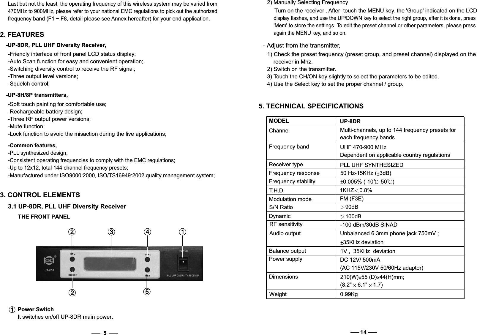 470MHz to 900MHz, please refer to your national EMC regulations to pick out the authorizedfrequency band (F1 ~ F8, detail please see Annex hereafter) for your end application.2. FEATURES-UP-8DR, PLL UHF Diversity Receiver,-Friendly interface of front panel LCD status display;-Auto Scan function for easy and convenient operation; -Switching diversity control to receive the RF signal;-Three output level versions;-Squelch control; -UP-8H/8P transmitters,-Soft touch painting for comfortable use; -Rechargeable battery design;-Three RF output power versions;-Mute function; -Lock function to avoid the misaction during the live applications;-Common features,-PLL synthesized design;-Consistent operating frequencies to comply with the EMC regulations;-Up to 12x12, total 144 channel frequency presets;-Manufactured under ISO9000:2000, ISO/TS16949:2002 quality management system;3. CONTROL ELEMENTS3.1 UP-8DR, PLL UHF Diversity ReceiverPower SwitchIt switches on/off UP-8DR main power.112 3 452 THE FRONT PANEL5    Last but not the least, the operating frequency of this wireless system may be varied from- Adjust from the transmitter,  1) Check the preset frequency (preset group, and preset channel) displayed on the receiver in Mhz.  2) Switch on the transmitter.  3) Touch the CH/ON key slightly to select the parameters to be edited.  4) Use the Select key to set the proper channel / group. 2) Manually Selecting FrequencyTurn on the receiver . After  touch the MENU key, the &apos;Group&apos; indicated on the LCD display flashes, and use the UP/DOWN key to select the right group, after it is done, press  &apos;Mem&apos; to store the settings. To edit the preset channel or other parameters, please press again the MENU key, and so on.MODELChannelFrequency bandReceiver typeFrequency responseFrequency stabilityT.H.D.Modulation modeS/N RatioDynamicRF sensitivityAudio outputBalance outputPower supplyDimensionsWeightUP-8DRMulti-channels, up to 144 frequency presets for each frequency bandsUHF 470-900 MHzDependent on applicable country regulationsPLL UHF SYNTHESIZED50 Hz-15KHz ( 3dB)0.005% (-10 -50 )1KHZ 0.8%FM (F3E)90dB100dB-100 dBm/30dB SINADUnbalanced 6.3mm phone jack 750mV ;35KHz deviation1V ,  35KHz  deviationDC 12V/ 500mA(AC 115V/230V 50/60Hz adaptor)210(W) 55 (D) 44(H)mm;(8.2&quot; 6.1&quot; 1.7)             0.99Kg5. TECHNICAL SPECIFICATIONS14