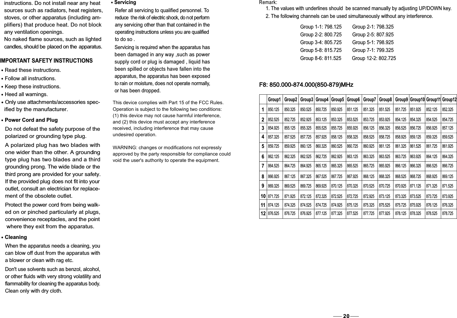 Remark:1. The values with underlines should  be scanned manually by adjusting UP/DOWN key.2. The following channels can be used simultaneously without any interference.  Group 1-1: 798.125 Group 2-1: 798.325  Group 2-2: 800.725 Group 2-5: 807.925  Group 3-4: 805.725 Group 5-1: 798.925  Group 5-8: 815.725 Group 7-1: 799.325  Group 8-6: 811.525 Group 12-2: 802.725IMPORTANT SAFETY INSTRUCTIONSRead these instructions.Keep these instructions.Heed all warnings.Only use attachments/accessories spec-   ified by the manufacturer.Power Cord and PlugDo not defeat the safety purpose of the polarized or grounding type plug.A polarized plug has two blades withone wider than the other. A groundingtype plug has two blades and a thirdgrounding prong. The wide blade or the third prong are provided for your safety. If the provided plug does not fit into youroutlet, consult an electrician for replace-ment of the obsolete outlet.Protect the power cord from being walk-ed on or pinched particularly at plugs,convenience receptacles, and the point where they exit from the apparatus.CleaningWhen the apparatus needs a cleaning, youcan blow off dust from the apparatus witha blower or clean with rag etc. Don&apos;t use solvents such as benzol, alcohol,or other fluids with very strong volatility andflammability for cleaning the apparatus body.Clean only with dry cloth.ServicingRefer all servicing to qualified personnel. Toreduce  the risk of electric shock, do n ot performany servicing other than that contained in theoperating instructions unless you are qualifiedto do so .Servicing is required when the apparatus hasbeen damaged in any way ,such as powersupply cord or plug is damaged , liquid hasbeen spilled or objects have fallen into theapparatus, the apparatus has been exposedto rain or moisture, does not operate normally,or has been dropped.Follow all instructions.instructions. Do not install near any heat sources such as radiators, heat registers, stoves, or other apparatus (including am-plifiers) that produce heat. Do not block any ventilation openings. No naked flame sources, such as lighted candles, should be  placed on the  apparatus.20  F8: 850.000-874.000(850-879)MHz123456789101112Group1 Group2 Group3 Group4 Group5 Group6 Group7 Group8 Group9 Group10 Group11Group12850.125 850.325 850.525 850.725 850.925 851.125 851.325 851.525 851.725 851.925 852.125 852.325852.525 852.725 852.925 853.125 853.325 853.525 853.725 853.925 854.125 854.325 854.525 854.725854.925 855.125 855.325 855.525 855.725 855.925 856.125 856.325 856.525 856.725 856.925 857.125857.325 857.525 857.725 857.925 858.125 858.325 858.525 858.725 858.925 859.125 859.325 859.525859.725 859.925 860.125 860.325 860.525 860.725 860.925 861.125 861.325 861.525 861.725 861.925862.125 862.325 862.525 862.725 862.925 863.125 863.325 863.525 863.725 863.925 864.125 864.325864.525 864.725 864.925 865.125 865.325 865.525 865.725 865.925 866.125 866.325 866.525 866.725866.925 867.125 867.325 867.525 867.725 867.925 868.125 868.325 868.525 868.725 868.925 869.125869.325 869.525 869.725 869.925 870.125 870.325 870.525 870.725 870.925 871.125 871.325 871.525871.725 871.925 872.125 872.325 872.525 872.725 872.925 873.125 873.325 873.525 873.725 873.925874.125 874.325 874.525 874.725 874.925 875.125 875.325 875.525 875.725 875.925 876.125 876.325876.525 876.725 876.925 877.125 877.325 877.525 877.725 877.925 878.125 878.325 878.525 878.725This device complies with Part 15 of the FCC Rules. Operation is subject to the following two conditions: (1) this device may not cause harmful interference, and (2) this device must accept any interference received, including interference that may cause undesired operation.WARNING: changes or modifications not expressly approved by the party responsible for compliance could void the user&apos;s authority to operate the equipment.