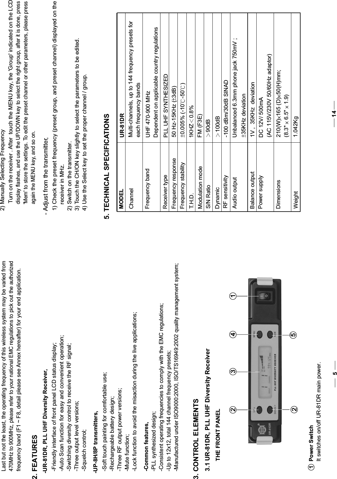 470MHz to 900MHz, please refer to your national EMC regulations to pick out the authorizedfrequency band (F1 ~ F8, detail please see Annex hereafter) for your end application.2. FEATURES-UR-81DR, PLL UHF Diversity Receiver,-Friendly interface of front panel LCD status display;-Auto Scan function for easy and convenient operation; -Switching diversity control to receive the RF signal;-Three output level versions;-Squelch control; -UP-8H/8P transmitters,-Soft touch painting for comfortable use; -Rechargeable battery design;-Three RF output power versions;-Mute function; -Lock function to avoid the misaction during the live applications;-Common features,-PLL synthesized design;-Consistent operating frequencies to comply with the EMC regulations;-Up to 12x12, total 144 channel frequency presets;-Manufactured under ISO9000:2000, ISO/TS16949:2002 quality management system;3. CONTROL ELEMENTS3.1 UR-81DR, PLL UHF Diversity ReceiverPower SwitchIt switches on/off UR-81DR main power.112 3 452 THE FRONT PANEL5    Last but not the least, the operating frequency of this wireless system may be varied from- Adjust from the transmitter,  1) Check the preset frequency (preset group, and preset channel) displayed on the receiver in MHz.  2) Switch on the transmitter.  3) Touch the CH/ON key slightly to select the parameters to be edited.  4) Use the Select key to set the proper channel / group. 2) Manually Selecting FrequencyTurn on the receiver . After  touch the MENU key, the &apos;Group&apos; indicated on the LCD display flashes, and use the UP/DOWN key to select the right group, after it is done, press  &apos;Mem&apos; to store the settings. To edit the preset channel or other parameters, please press again the MENU key, and so on.MODELChannelFrequency bandReceiver typeFrequency responseFrequency stabilityT.H.D.Modulation modeS/N RatioDynamicRF sensitivityAudio outputBalance outputPower supplyDimensionsWeightUR-81DRMulti-channels, up to 144 frequency presets for each frequency bandsUHF 470-900 MHzDependent on applicable country regulationsPLL UHF SYNTHESIZED50 Hz-15KHz ( 3dB)0.005% (-10 -50 )1KHZ 0.8%FM (F3E)90dB100dB-100 dBm/30dB SINADUnbalanced 6.3mm phone jack 750mV ;35KHz deviation1V ,  35KHz  deviationDC 12V/ 500mA(AC 115V/230V 50/60Hz adaptor)5. TECHNICAL SPECIFICATIONS14210(W) 165 (D) 50(H)mm;(8.3&quot; 6.5&quot; 1.9)1.042Kg