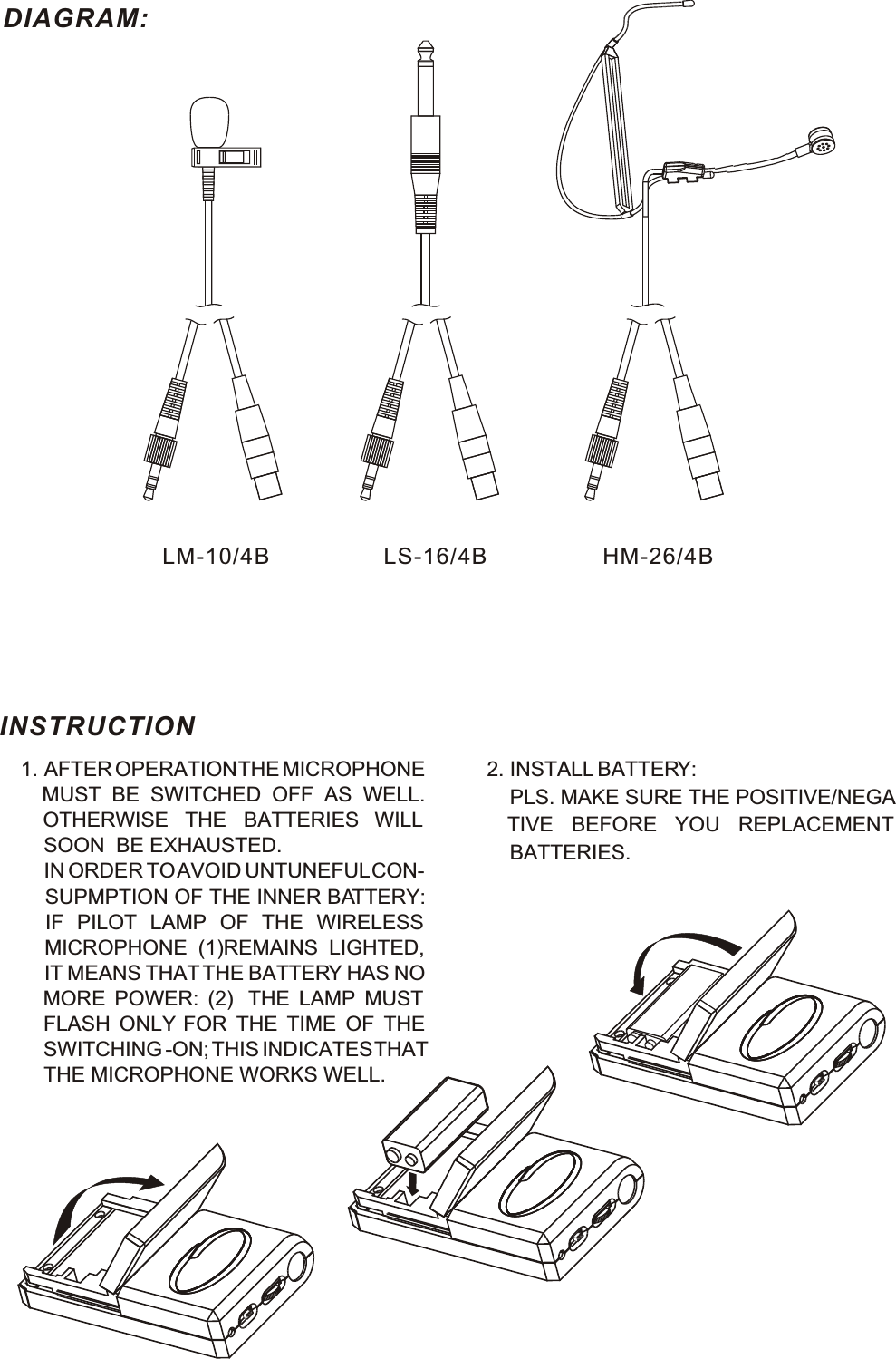 LS-16/4BLM-10/4B HM-26/4BDIAGRAM:1. AFTER OPERATION THE MICROPHONE MUST BE SWITCHED OFF AS WELL.OTHERWISE THE BATTERIES WILL    SOON  BE EXHAUSTED. IN ORDER TO AVOID UNTUNEFUL CON-    SUPMPTION OF THE INNER BATTERY: IF PILOT LAMP OF THE WIRELESSMICROPHONE (1)REMAINS LIGHTED,  IT MEANS THAT THE BATTERY HAS NO MORE POWER: (2)  THE LAMP MUST  FLASH ONLY FOR THE TIME OF THESWITCHING -ON; THIS INDICATESTHAT    THE MICROPHONE WORKS WELL.INSTRUCTION2. INSTALL BATTERY:    PLS. MAKE SURE THE POSITIVE/NEGATIVE BEFORE YOU REPLACEMENT    BATTERIES.