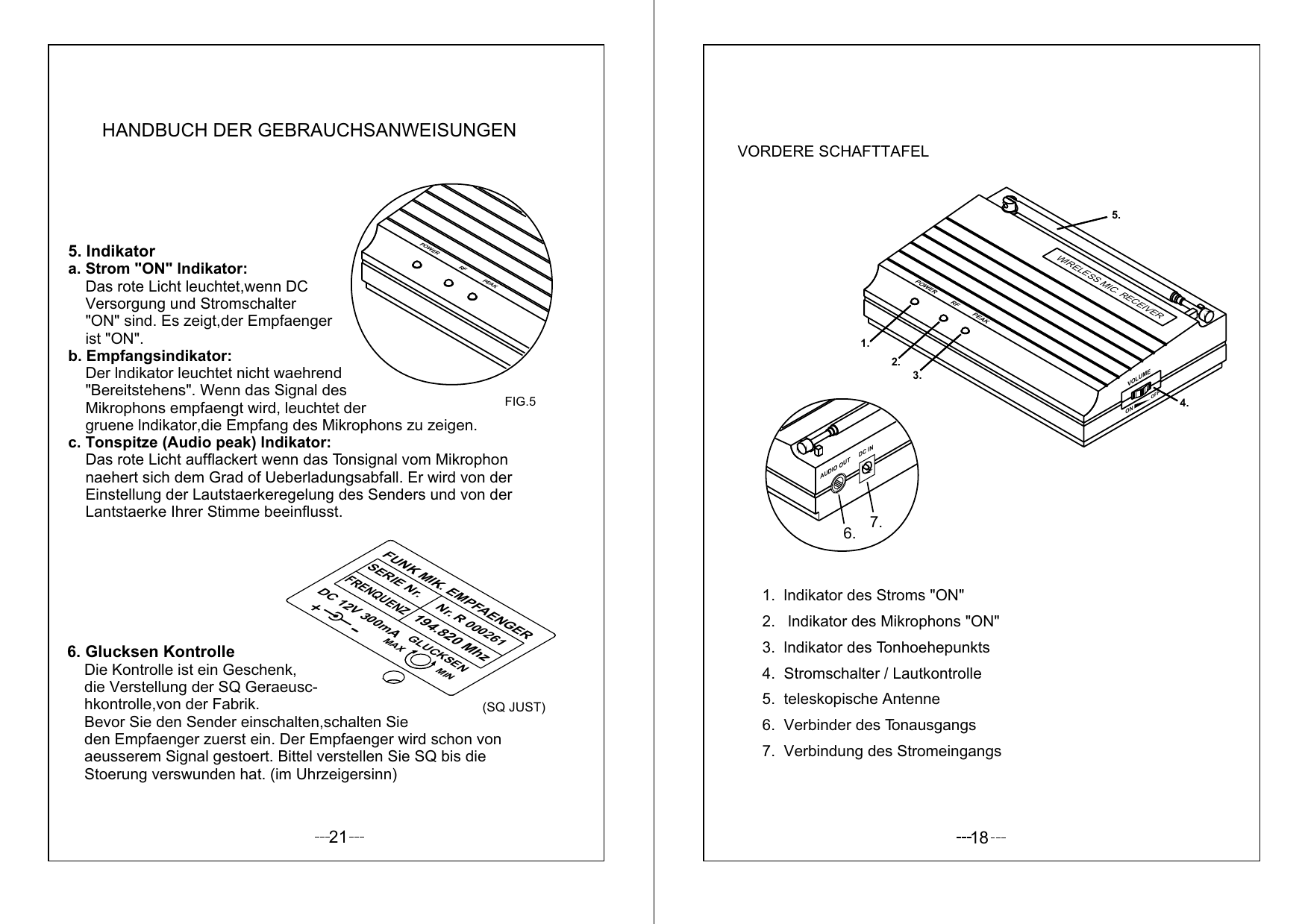 21POWER RF PEAK6. Glucksen Kontrolle    Die Kontrolle ist ein Geschenk,     die Verstellung der SQ Geraeusc-    hkontrolle,von der Fabrik.    Bevor Sie den Sender einschalten,schalten Sie    den Empfaenger zuerst ein. Der Empfaenger wird schon von     aeusserem Signal gestoert. Bittel verstellen Sie SQ bis die    Stoerung verswunden hat. (im Uhrzeigersinn)5. Indikatora. Strom &quot;ON&quot; lndikator:    Das rote Licht leuchtet,wenn DC     Versorgung und Stromschalter    &quot;ON&quot; sind. Es zeigt,der Empfaenger     ist &quot;ON&quot;.b. Empfangsindikator:    Der lndikator leuchtet nicht waehrend    &quot;Bereitstehens&quot;. Wenn das Signal des     Mikrophons empfaengt wird, leuchtet der    gruene lndikator,die Empfang des Mikrophons zu zeigen.c. Tonspitze (Audio peak) lndikator:     Das rote Licht aufflackert wenn das Tonsignal vom Mikrophon     naehert sich dem Grad of Ueberladungsabfall. Er wird von der     Einstellung der Lautstaerkeregelung des Senders und von der     Lantstaerke Ihrer Stimme beeinflusst.FIG.5FUNK MIK. EMPFAENGER SERIE Nr.  FRENQUENZ   Nr. R 000261   194.820 Mhz  DC 12V 300mA  GLUCKSEN MAX MIN(SQ JUST)HANDBUCH DER GEBRAUCHSANWEISUNGEN18VORDERE SCHAFTTAFEL7.  Verbindung des Stromeingangs6.  Verbinder des Tonausgangs5.  teleskopische Antenne4.  Stromschalter / Lautkontrolle3.  lndikator des Tonhoehepunkts2.   lndikator des Mikrophons &quot;ON&quot;     1.   Stroms &quot;ON&quot;lndikator des DC INAUDIO OUT7.6.VOLUMEOFFON     POWER RF PEAK1.2.4.5.3.WIRELESS MIC. RECEIVER