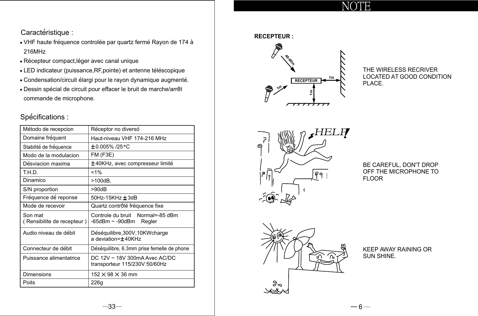 Specifications :Caracteristique :commande de microphone.Dessin special de circuit pour effacer le bruit de marche/arretCondensation/circuit elargi pour le rayon dynamique augmente.LED indicateur (puissance,RF,pointe) et antenne telescopiqueRecepteur compact,leger avec canal unique 216MHzVHF haute frequence controlee par quartz ferme Rayon de 174 aPoitsDimensionsPuissance alimentatriceConnecteur de debitSon mat( Rensibilite de recepteur )Mode de recevoirS/N proportionDinamicoT.H.D.Modo de la modulacionMetodo de recepcionDomaine frequentStabilite de frequenceDesviacion maximaFrequence de reponseDesequilibre, 6.3mm prise femelle de phone226g152     98     36 mmDC 12V ~ 18V 300mA Avec AC/DC transporteur 115/230V 50/60HzControle du bruit    Normal=-85 dBm-65dBm ~ -90dBm    ReglerQuartz controle frequence fixe50Hz-15KHz    3dB&gt;90dB&gt;100dB,&lt;1%   40KHz, avec compresseur limiteFM (F3E)0.005% /25  CHaut-niveau VHF 174-216 MHzReceptor no diversoAudio niveau de debit Desequilibre,300V,10KWchargea deviation=   40KHz 33 6KEEP AWAY RAINING ORSUN SHINE.BE CAREFUL, DON&apos;T DROPOFF THE MICROPHONE TOFLOORTHE WIRELESS RECRIVER LOCATED AT GOOD CONDITION PLACE.RECEPTEUR :1m1m40-60mRECEPTEUR1m