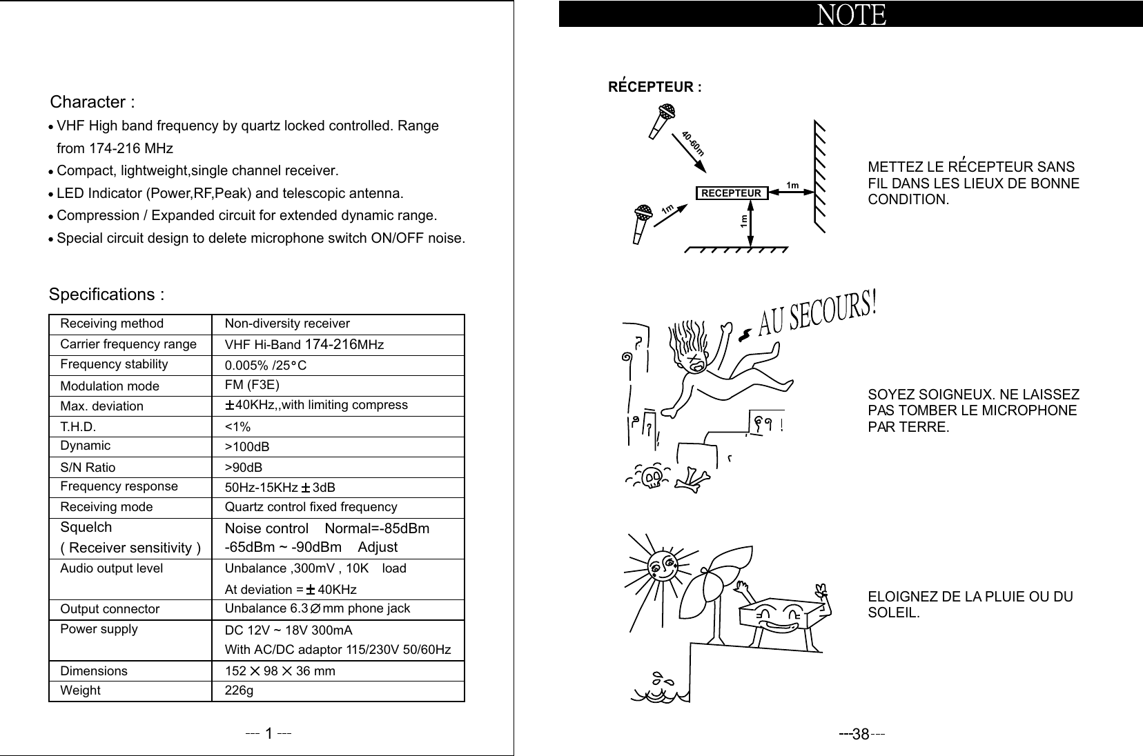 Specifications :Character :Special circuit design to delete microphone switch ON/OFF noise.Compression / Expanded circuit for extended dynamic range.LED Indicator (Power,RF,Peak) and telescopic antenna.Compact, lightweight,single channel receiver.from 174-216 MHz VHF High band frequency by quartz locked controlled. Range WeightDimensionsPower supplyOutput connectorAudio output level( Receiver sensitivity )Squelch Receiving mode Frequency responseS/N RatioDynamicT.H.D.Max. deviation Modulation mode Frequency stability Carrier frequency range Receiving methodWith AC/DC adaptor 115/230V 50/60Hz226g152     98     36 mmDC 12V ~ 18V 300mAUnbalance 6.3    mm phone jackAt deviation =    40KHzUnbalance ,300mV , 10KW load-65dBm ~ -90dBm    AdjustNoise control    Normal=-85dBmQuartz control fixed frequency50Hz-15KHz    3dB&gt;90dB&gt;100dB&lt;1%   40KHz,,with limiting compressFM (F3E)0.005% /25  CVHF Hi-Band  MHz174-216Non-diversity receiver138ELOIGNEZ DE LA PLUIE OU DU SOLEIL.SOYEZ SOIGNEUX. NE LAISSEZ PAS TOMBER LE MICROPHONEPAR TERRE.METTEZ LE RECEPTEUR SANS FIL DANS LES LIEUX DE BONNE CONDITION.RECEPTEUR :RECEPTEUR 1m1m40-60m1m