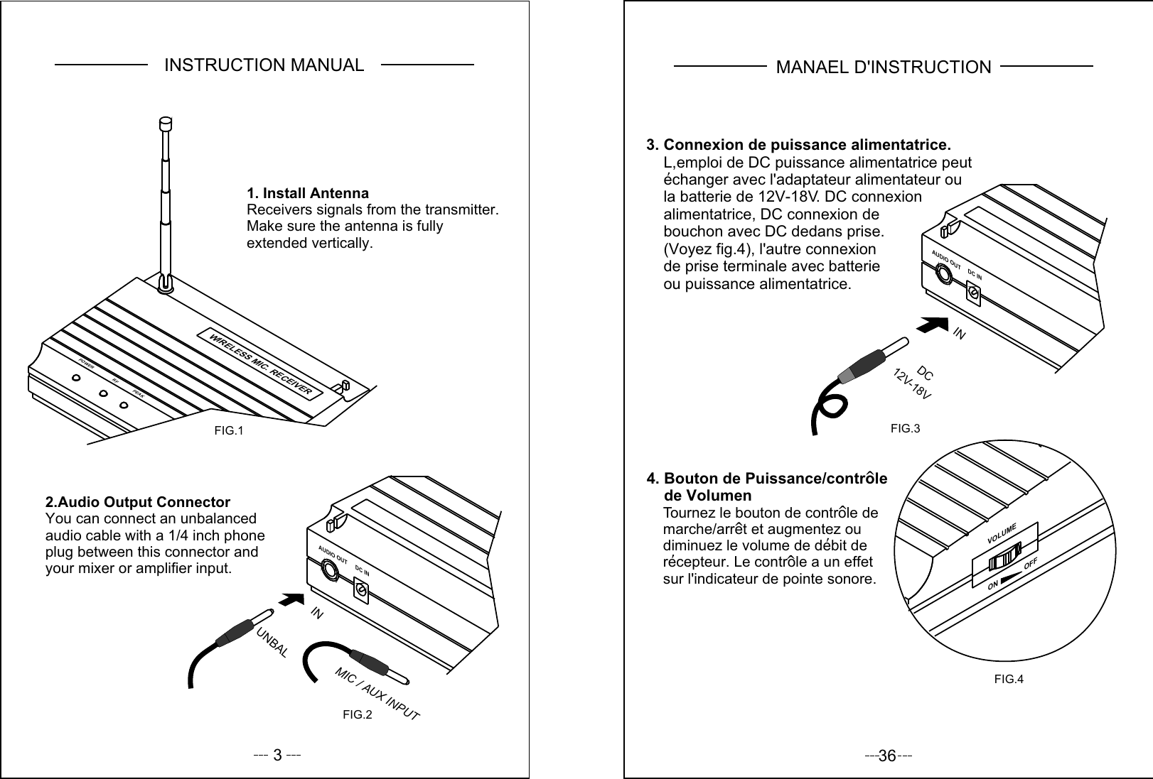31. Install AntennaReceivers signals from the transmitter. Make sure the antenna is fully extended vertically.AUDIO OUT DC ININSTRUCTION MANUAL2.Audio Output Connector You can connect an unbalanced audio cable with a 1/4 inch phone plug between this connector and your mixer or amplifier input.POWER RF PEAKFIG.1FIG.2UNBALINMIC / AUX INPUTWIRELESS MIC. RECEIVER3. Connexion de puissance alimentatrice.    L,emploi de DC puissance alimentatrice peut     echanger avec l&apos;adaptateur alimentateur ou     la batterie de 12V-18V. DC connexion     alimentatrice, DC connexion de     bouchon avec DC dedans prise.     (Voyez fig.4), l&apos;autre connexion    de prise terminale avec batterie     ou puissance alimentatrice.4. Bouton de Puissance/controle    de Volumen    Tournez le bouton de controle de    marche/arret et augmentez ou    diminuez le volume de debit de    recepteur. Le controle a un effet    sur l&apos;indicateur de pointe sonore.VOLUMEON              OFFFIG.4AUDIO OUT DC INFIG.312V-18VDC INMANAEL D&apos;INSTRUCTION36