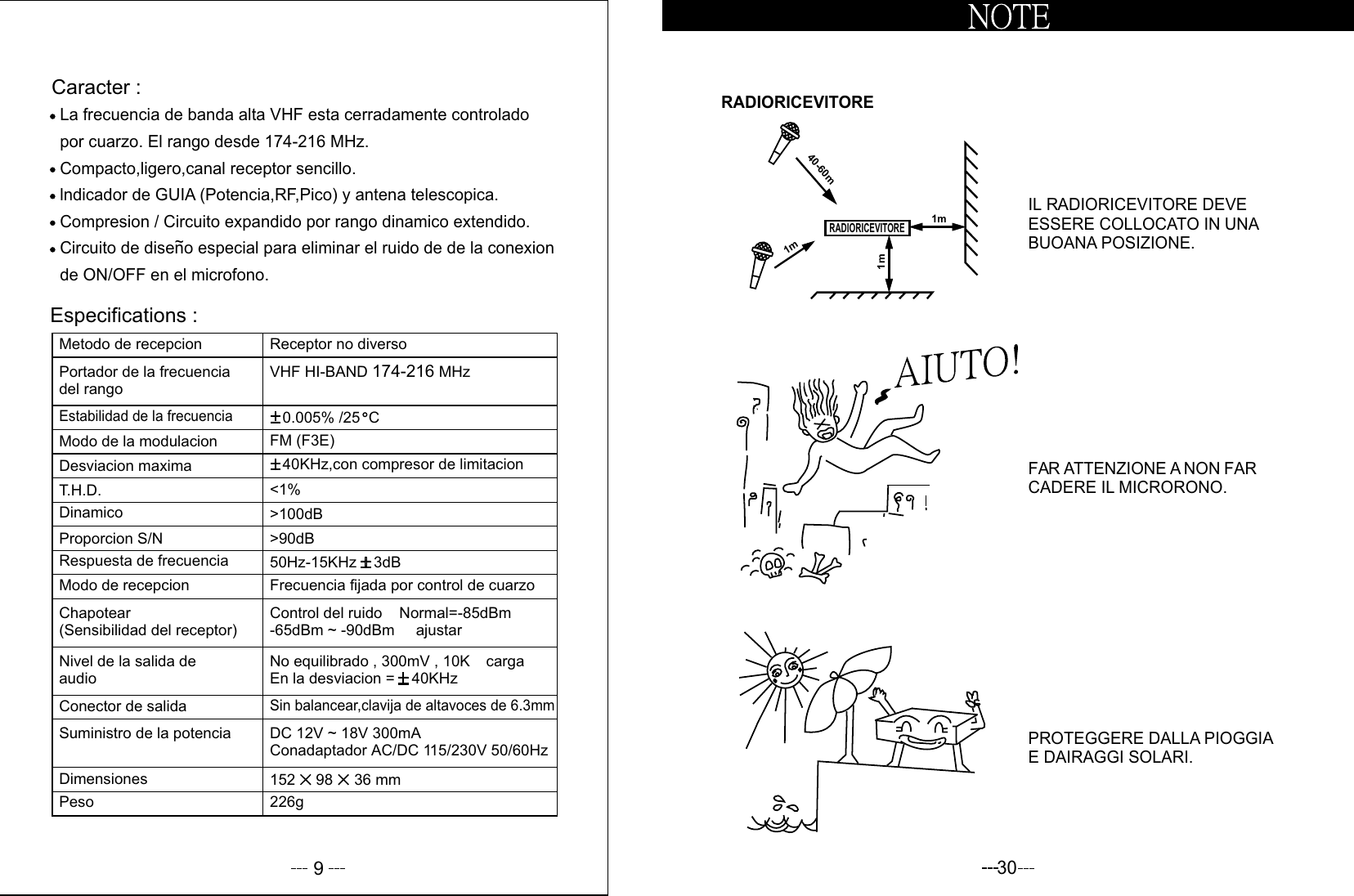 9PesoSuministro de la potenciaDimensionesConector de salidaNivel de la salida deaudioChapotear(Sensibilidad del receptor) Modo de recepcionRespuesta de frecuenciaProporcion S/NDinamicoT.H.D.Desviacion maximaModo de la modulacionEstabilidad de la frecuencia Portador de la frecuencia del rango Metodo de recepcion226g152     98     36 mmDC 12V ~ 18V 300mAConadaptador AC/DC 115/230V 50/60HzSin balancear,clavija de altavoces de 6.3mmNo equilibrado , 300mV , 10KW cargaEn la desviacion =    40KHzControl del ruido    Normal=-85dBm-65dBm ~ -90dBm     ajustarFrecuencia fijada por control de cuarzo50Hz-15KHz    3dB&gt;90dB&gt;100dB&lt;1%   40KHz,con compresor de limitacionFM (F3E)0.005% /25  CVHF HI-BAND   MHz174-216Receptor no diversoEspecifications :Caracter :de ON/OFF en el microfono.Circuito de diseno especial para eliminar el ruido de de la conexionCompresion / Circuito expandido por rango dinamico extendido.lndicador de GUIA (Potencia,RF,Pico) y antena telescopica.Compacto,ligero,canal receptor sencillo.por cuarzo. El rango desde   MHz.174-216La frecuencia de banda alta VHF esta cerradamente controlado  ~IL RADIORICEVITORE DEVE ESSERE COLLOCATO IN UNA BUOANA POSIZIONE.PROTEGGERE DALLA PIOGGIAE DAIRAGGI SOLARI.FAR ATTENZIONE A NON FAR CADERE IL MICRORONO.301m1m40-60mRADIORICEVITORERADIORICEVITORE1m