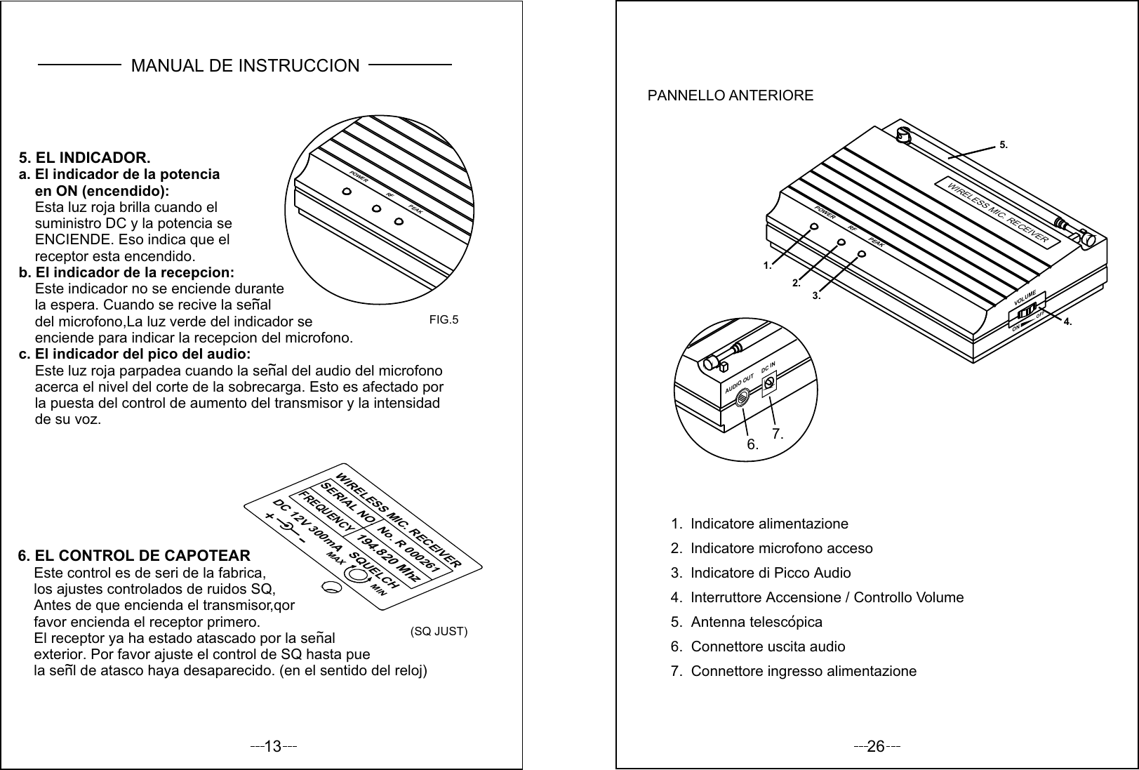 13POWER RF PEAKWIRELESS MIC. RECEIVER SERIAL NO.  FREQUENCY   No. R 000261   194.820 Mhz  DC 12V 300mA  SQUELCH MAX MIN6. EL CONTROL DE CAPOTEAR    Este control es de seri de la fabrica,    los ajustes controlados de ruidos SQ,    Antes de que encienda el transmisor,qor    favor encienda el receptor primero.    El receptor ya ha estado atascado por la senal    exterior. Por favor ajuste el control de SQ hasta pue    la senl de atasco haya desaparecido. (en el sentido del reloj)5. EL INDICADOR.a. El indicador de la potencia     en ON (encendido):    Esta luz roja brilla cuando el     suministro DC y la potencia se     ENCIENDE. Eso indica que el    receptor esta encendido.b. El indicador de la recepcion:    Este indicador no se enciende durante     la espera. Cuando se recive la senal     del microfono,La luz verde del indicador se     enciende para indicar la recepcion del microfono.c. El indicador del pico del audio:     Este luz roja parpadea cuando la senal del audio del microfono    acerca el nivel del corte de la sobrecarga. Esto es afectado por    la puesta del control de aumento del transmisor y la intensidad    de su voz.FIG.5(SQ JUST)~~~~MANUAL DE INSTRUCCION26PANNELLO ANTERIORE7.  Connettore ingresso alimentazione6.  Connettore uscita audio5.  Antenna telescopica4.  lnterruttore Accensione / Controllo Volume3.  lndicatore di Picco Audio2.  lndicatore microfono acceso1.  lndicatore alimentazioneDC INAUDIO OUT7.6.VOLUMEOFFON     POWER RF PEAK1.2.4.5.3.WIRELESS MIC. RECEIVER