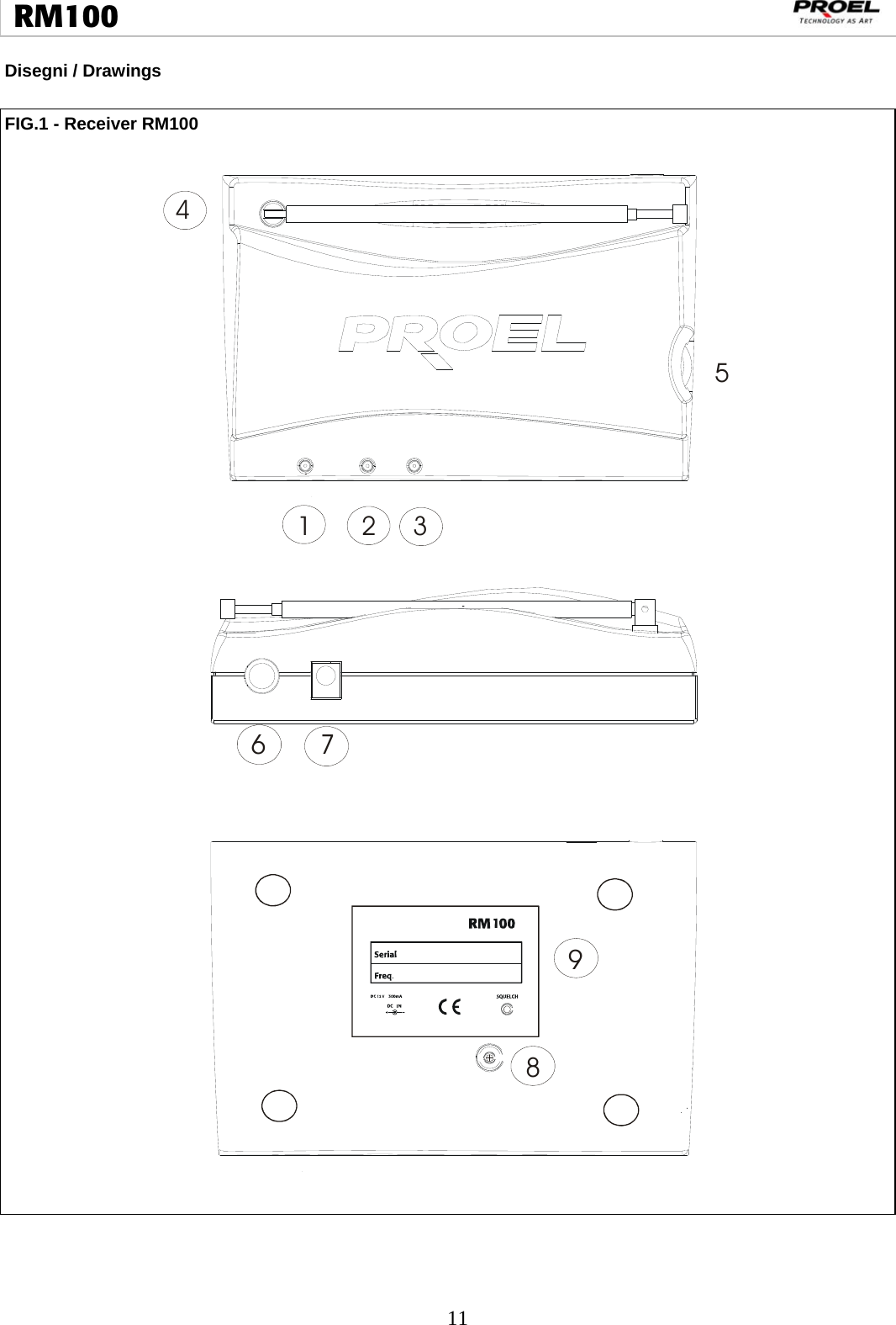  11  RM100                                                                                                                                 Disegni / Drawings   FIG.1 - Receiver RM100                                                                         123456 789