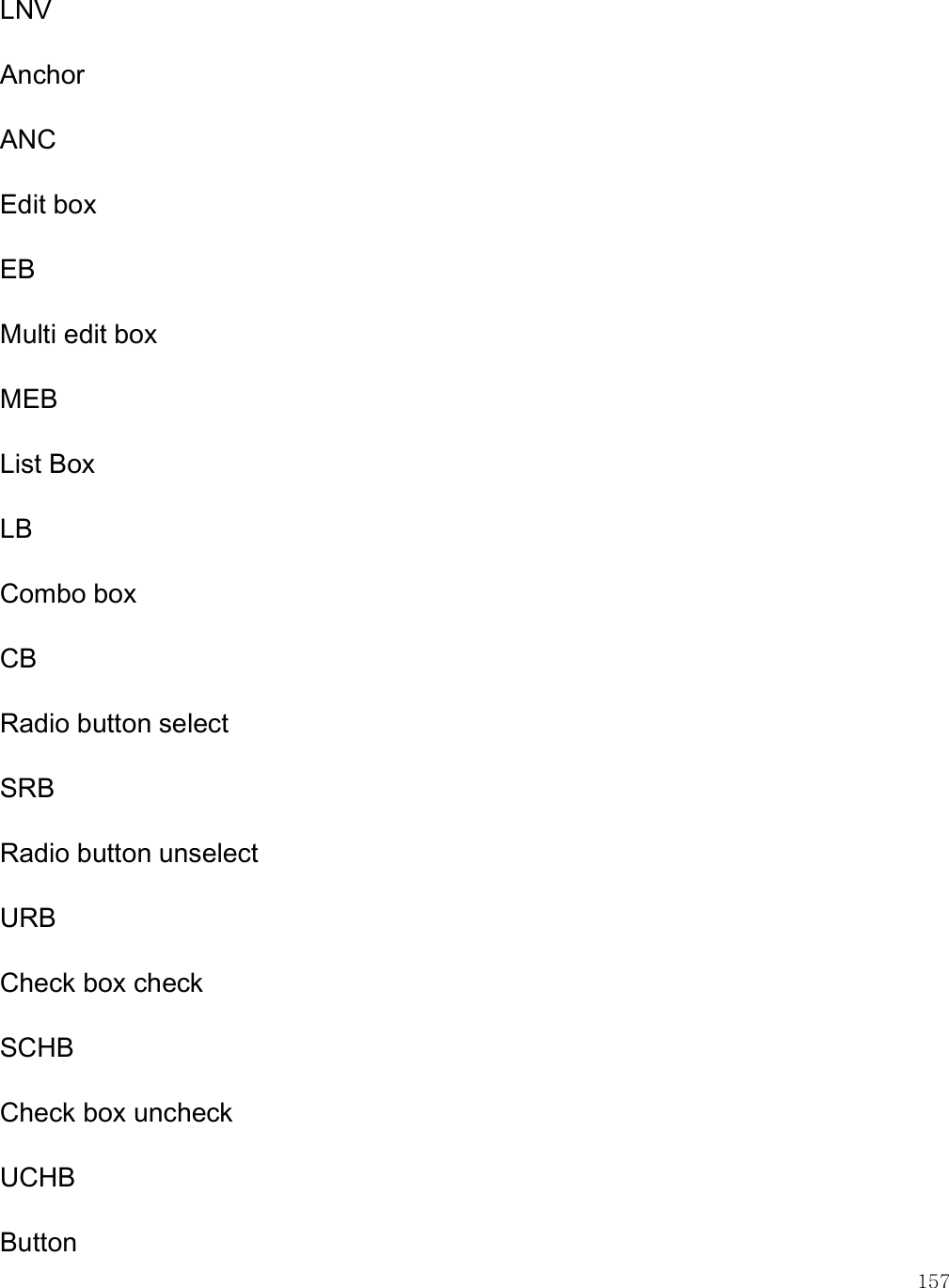    157 LNV Anchor ANC Edit box EB Multi edit box MEB List Box LB Combo box CB Radio button select SRB Radio button unselect URB Check box check SCHB Check box uncheck UCHB Button 