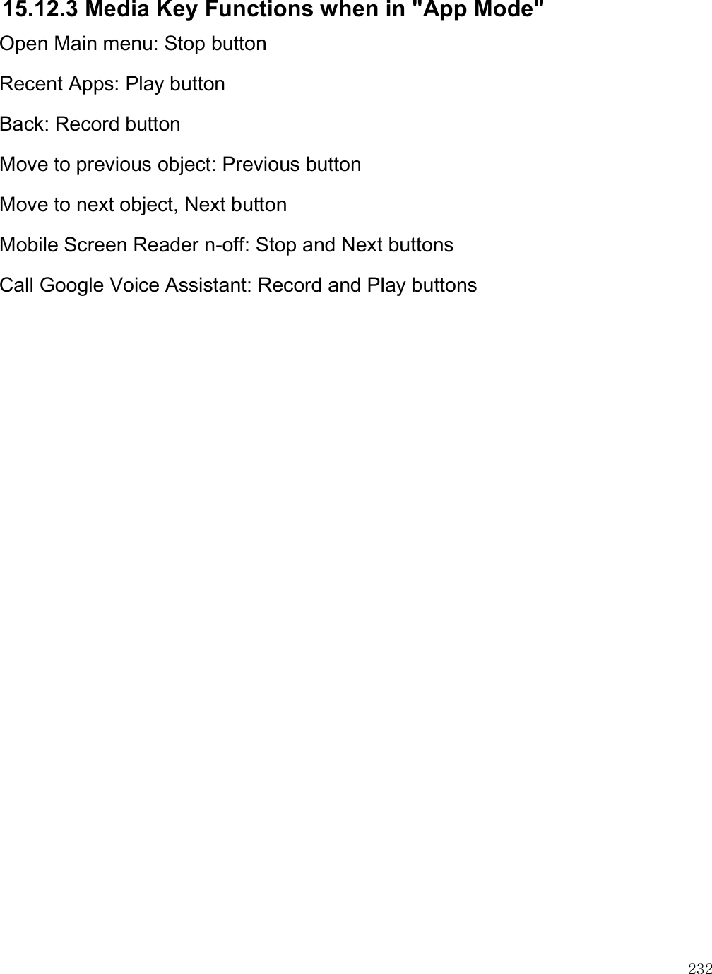    232 15.12.3 Media Key Functions when in &quot;App Mode&quot; Open Main menu: Stop button Recent Apps: Play button Back: Record button Move to previous object: Previous button Move to next object, Next button Mobile Screen Reader n-off: Stop and Next buttons Call Google Voice Assistant: Record and Play buttons 