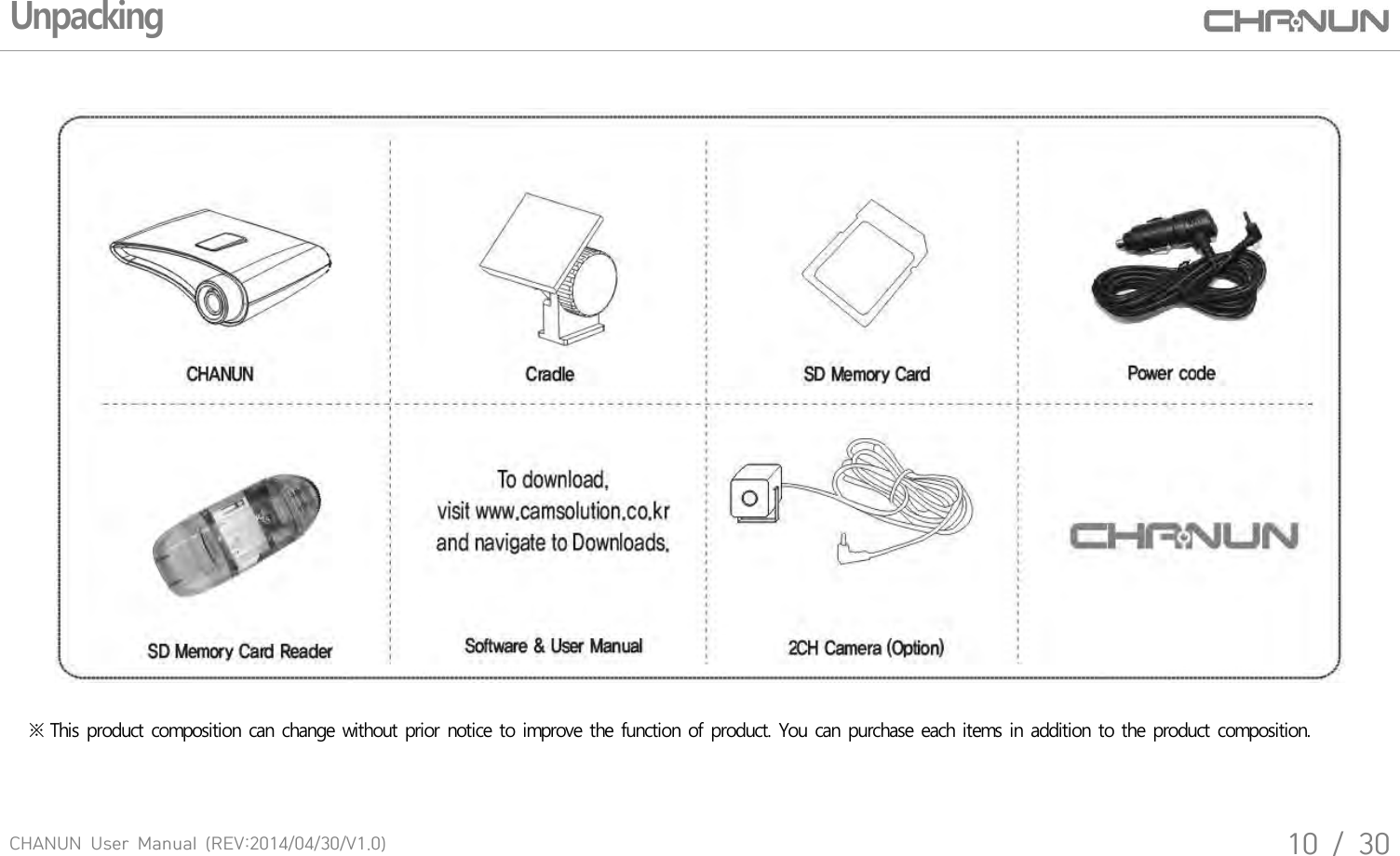 CHANUN  User  Manual  (REV:2014/04/30/V1.0)10  /  30Unpacking※ This product composition can change without prior notice to improve the function of product. You can purchase each items in addition to the product composition. 