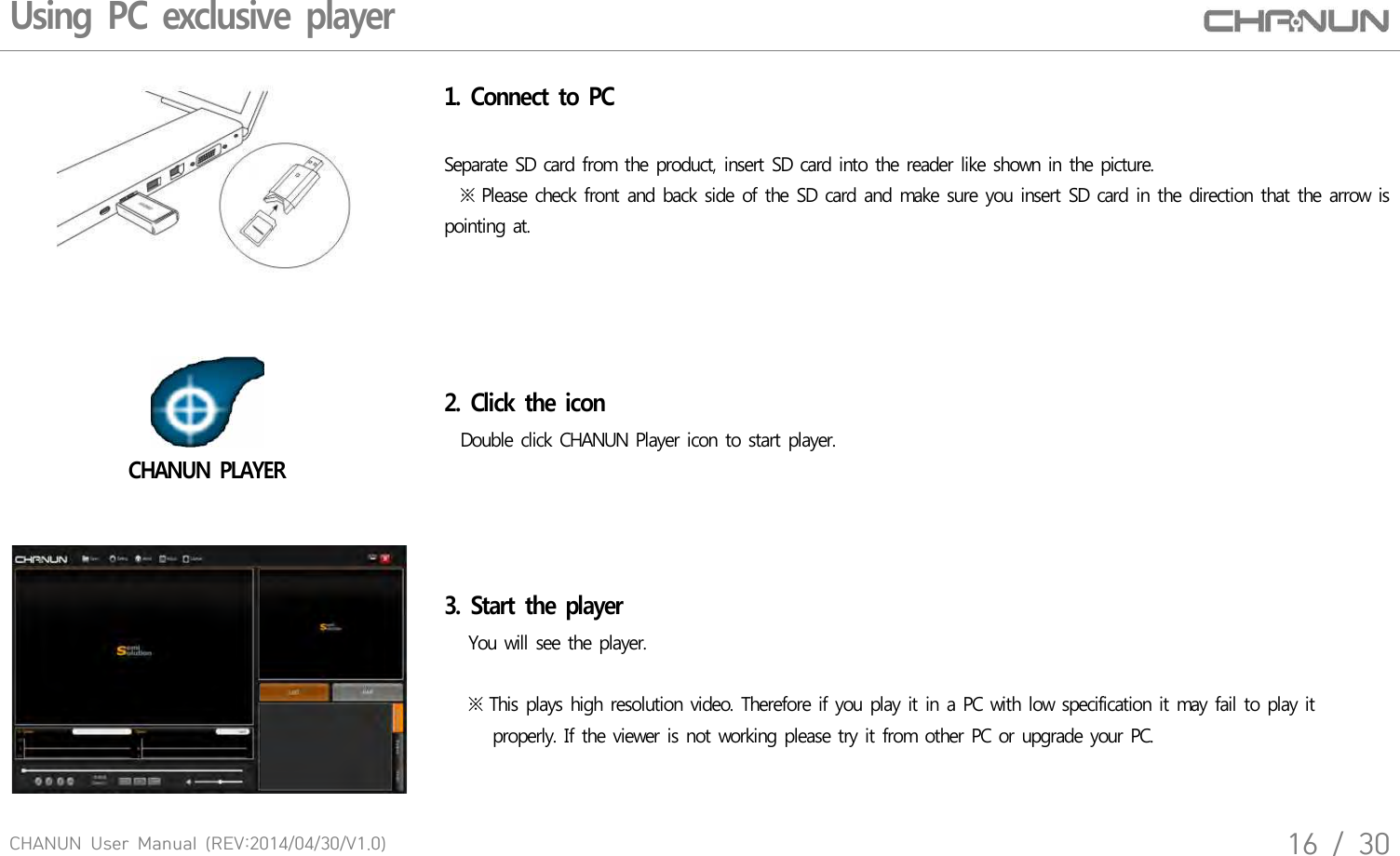 CHANUN  User  Manual  (REV:2014/04/30/V1.0)16  /  30Using PC exclusive player 1. Connect to PC Separate SD card from the product, insert SD card into the reader like shown in the picture.   ※ Please check front and back side of the SD card and make sure you insert SD card in the direction that the arrow is pointing at.CHANUN PLAYER2. Click  the icon  Double click CHANUN Player icon to start player.3. Start the player   You will see the player.   ※ This plays high resolution video. Therefore if you play it in a PC with low specification it may fail to play it         properly. If the viewer is not working please try it from other PC or upgrade your PC.