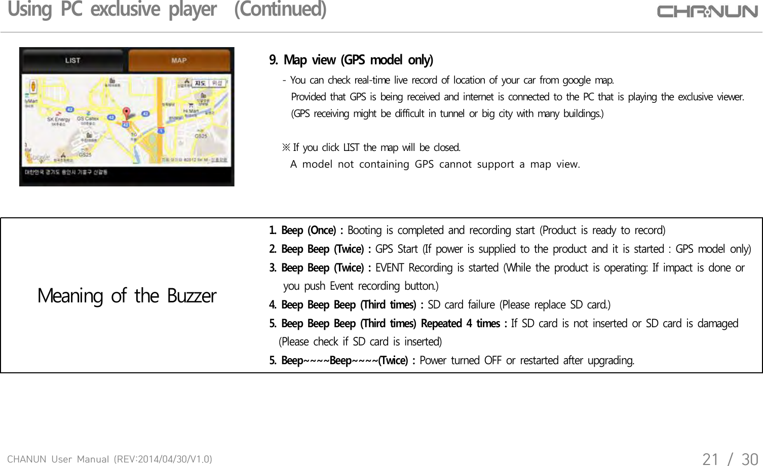 CHANUN  User  Manual  (REV:2014/04/30/V1.0)21  /  309. Map view (GPS model only)   - You can check real-time live record of location of your car from google map.     Provided that GPS is being received and internet is connected to the PC that is playing the exclusive viewer.     (GPS receiving might be difficult in tunnel or big city with many buildings.)    ※ If you click LIST the map will be closed.            A  model  not  containing  GPS  cannot  support  a  map  view.Meaning of the Buzzer1.  Beep (Once) : Booting is completed and recording start (Product is ready to record)2.  Beep Beep (Twice) : GPS Start (If power is supplied to the product and it is started : GPS model only)3.  Beep Beep (Twice) : EVENT Recording is started (While the product is operating: If impact is done or   you push Event recording button.)4.  Beep Beep Beep  (Third times) : SD card failure (Please replace SD card.)5.  Beep Beep Beep  (Third times) Repeated 4 times : If SD card is not inserted or SD card is damaged  (Please check if SD card is inserted)5.  Beep~~~~Beep~~~~(Twice) : Power turned OFF or restarted after upgrading.  Using PC exclusive player  (Continued)