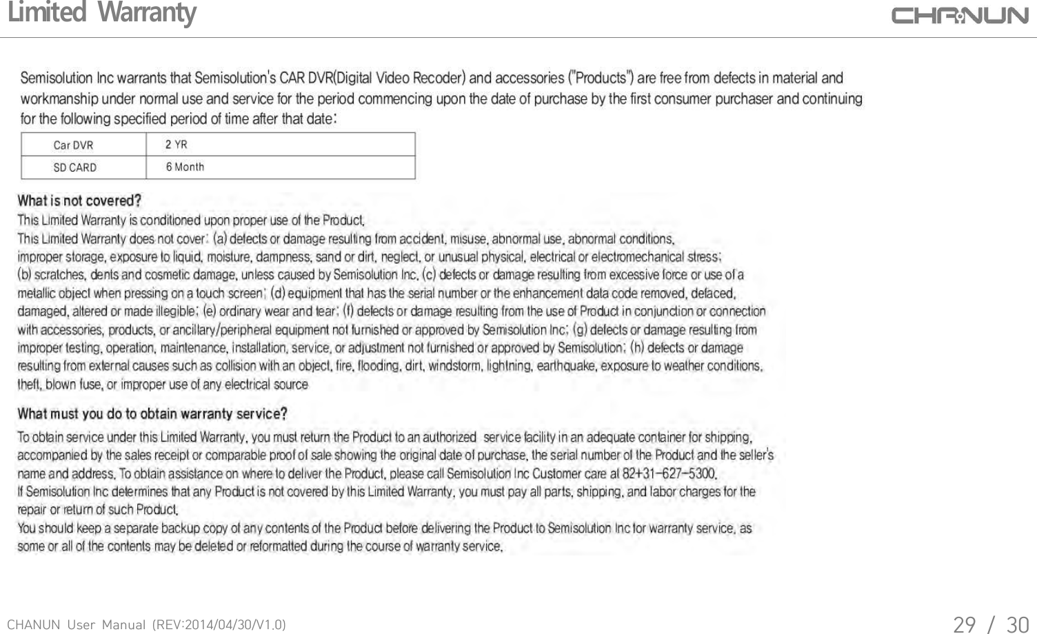 CHANUN  User  Manual  (REV:2014/04/30/V1.0)29  /  30Limited Warranty