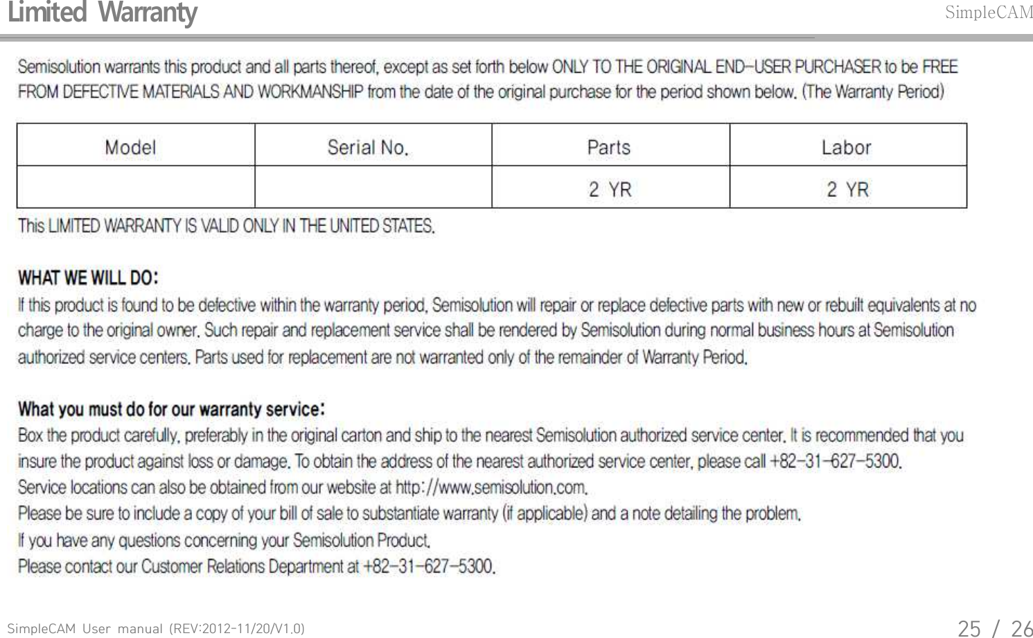 SimpleCAM  User  manual  (REV:2012-11/20/V1.0)25  /  26Limited  WarrantySimpleCAM