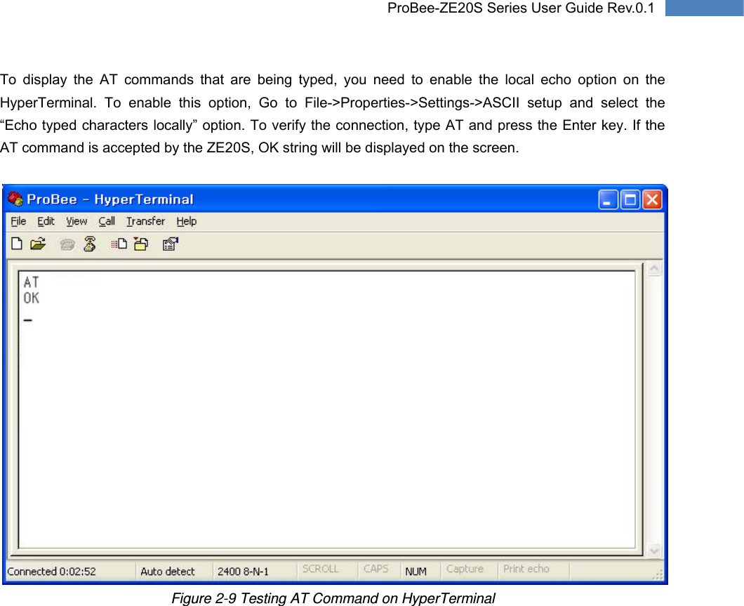   16 ProBee-ZE20S Series User Guide Rev.0.1To display the AT commands that are being typed, you need to enable the local echo option on the HyperTerminal. To enable this option, Go to File-&gt;Properties-&gt;Settings-&gt;ASCII setup and select the “Echo typed characters locally” option. To verify the connection, type AT and press the Enter key. If the AT command is accepted by the ZE20S, OK string will be displayed on the screen.   Figure 2-9 Testing AT Command on HyperTerminal 