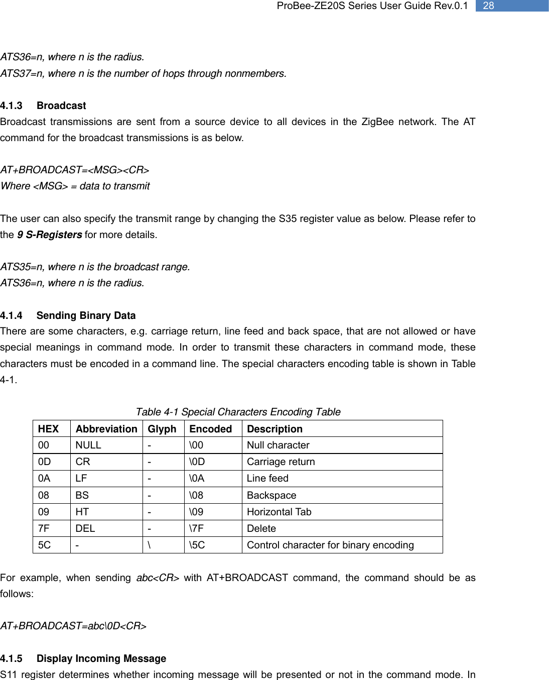   28 ProBee-ZE20S Series User Guide Rev.0.1ATS36=n, where n is the radius. ATS37=n, where n is the number of hops through nonmembers.  4.1.3 Broadcast Broadcast transmissions are sent from a source device to all devices in the ZigBee network. The AT command for the broadcast transmissions is as below.  AT+BROADCAST=&lt;MSG&gt;&lt;CR&gt; Where &lt;MSG&gt; = data to transmit  The user can also specify the transmit range by changing the S35 register value as below. Please refer to the 9 S-Registers for more details.  ATS35=n, where n is the broadcast range. ATS36=n, where n is the radius.  4.1.4  Sending Binary Data There are some characters, e.g. carriage return, line feed and back space, that are not allowed or have special meanings in command mode. In order to transmit these characters in command mode, these characters must be encoded in a command line. The special characters encoding table is shown in Table 4-1.  Table 4-1 Special Characters Encoding Table HEX Abbreviation Glyph Encoded Description 00 NULL  -  \00  Null character 0D CR  -  \0D  Carriage return 0A LF  -  \0A  Line feed 08 BS  -  \08  Backspace 09 HT  -  \09  Horizontal Tab 7F DEL  -  \7F  Delete 5C  -  \  \5C  Control character for binary encoding  For example, when sending abc&lt;CR&gt; with AT+BROADCAST command, the command should be as follows:  AT+BROADCAST=abc\0D&lt;CR&gt;  4.1.5 Display Incoming Message S11 register determines whether incoming message will be presented or not in the command mode. In 