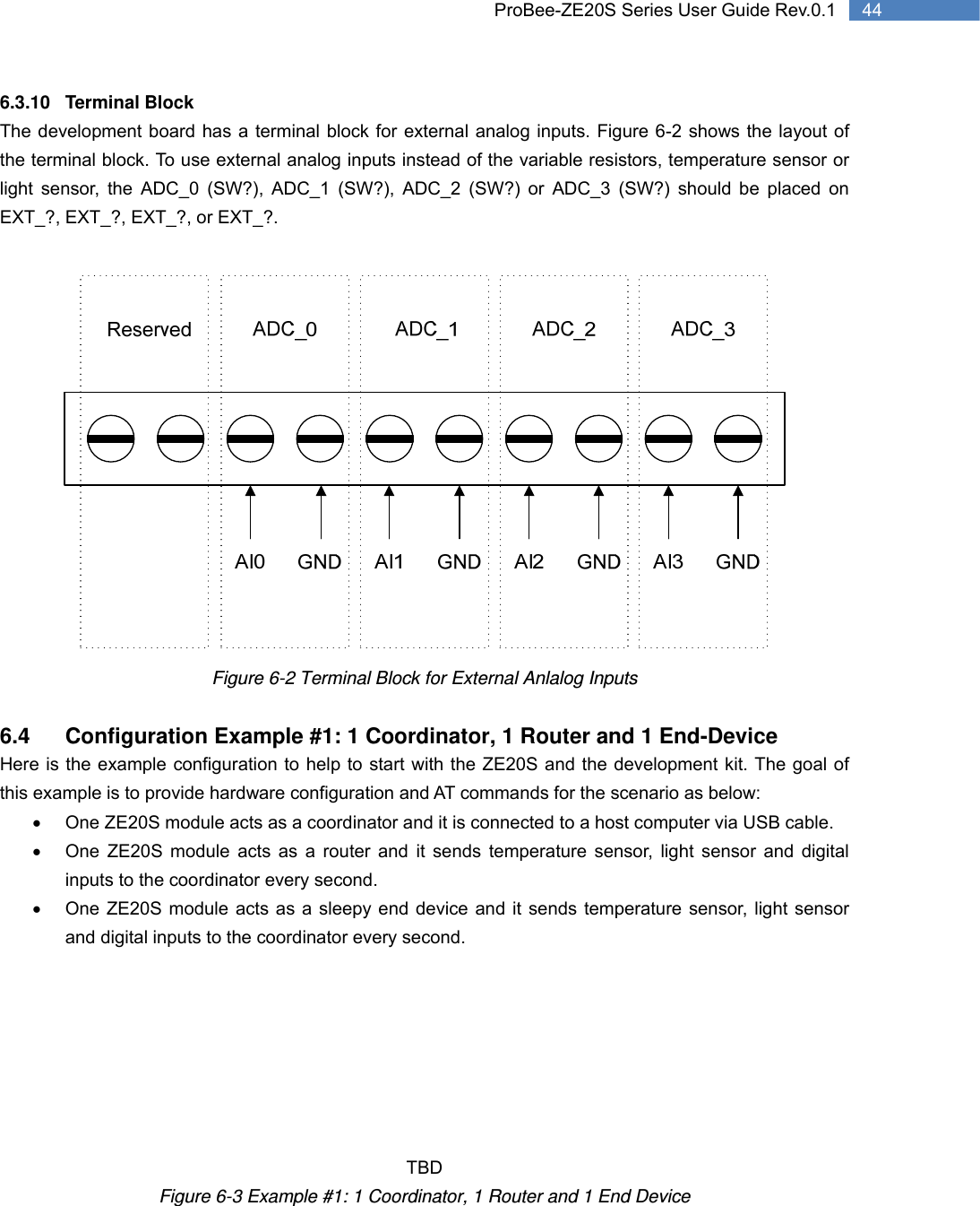   44 ProBee-ZE20S Series User Guide Rev.0.16.3.10 Terminal Block  The development board has a terminal block for external analog inputs. Figure 6-2 shows the layout of the terminal block. To use external analog inputs instead of the variable resistors, temperature sensor or light sensor, the ADC_0 (SW?), ADC_1 (SW?), ADC_2 (SW?) or ADC_3 (SW?) should be placed on EXT_?, EXT_?, EXT_?, or EXT_?.   Figure 6-2 Terminal Block for External Anlalog Inputs  6.4  Configuration Example #1: 1 Coordinator, 1 Router and 1 End-Device Here is the example configuration to help to start with the ZE20S and the development kit. The goal of this example is to provide hardware configuration and AT commands for the scenario as below: •  One ZE20S module acts as a coordinator and it is connected to a host computer via USB cable. •  One ZE20S module acts as a router and it sends temperature sensor, light sensor and digital inputs to the coordinator every second.   •  One ZE20S module acts as a sleepy end device and it sends temperature sensor, light sensor and digital inputs to the coordinator every second.        TBD Figure 6-3 Example #1: 1 Coordinator, 1 Router and 1 End Device 