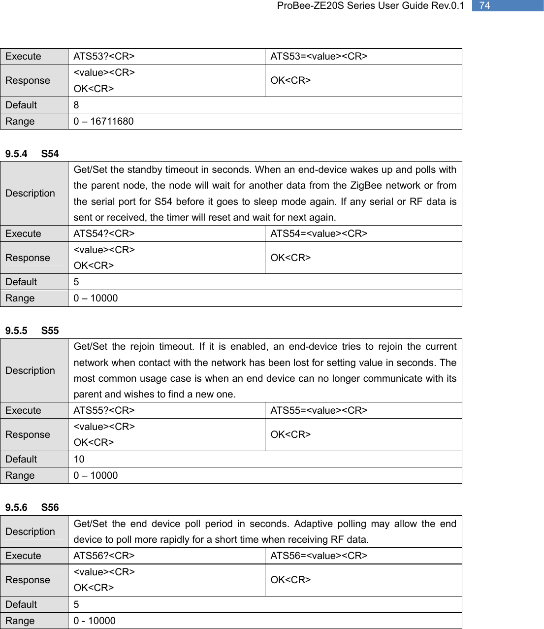   74 ProBee-ZE20S Series User Guide Rev.0.1Execute ATS53?&lt;CR&gt;  ATS53=&lt;value&gt;&lt;CR&gt; Response  &lt;value&gt;&lt;CR&gt; OK&lt;CR&gt; OK&lt;CR&gt; Default 8 Range  0 – 16711680  9.5.4 S54 Description Get/Set the standby timeout in seconds. When an end-device wakes up and polls with the parent node, the node will wait for another data from the ZigBee network or from the serial port for S54 before it goes to sleep mode again. If any serial or RF data is sent or received, the timer will reset and wait for next again. Execute ATS54?&lt;CR&gt;  ATS54=&lt;value&gt;&lt;CR&gt; Response  &lt;value&gt;&lt;CR&gt; OK&lt;CR&gt; OK&lt;CR&gt; Default 5 Range  0 – 10000  9.5.5 S55 Description Get/Set the rejoin timeout. If it is enabled, an end-device tries to rejoin the current network when contact with the network has been lost for setting value in seconds. The most common usage case is when an end device can no longer communicate with its parent and wishes to find a new one. Execute ATS55?&lt;CR&gt;  ATS55=&lt;value&gt;&lt;CR&gt; Response  &lt;value&gt;&lt;CR&gt; OK&lt;CR&gt; OK&lt;CR&gt; Default 10 Range  0 – 10000  9.5.6 S56 Description  Get/Set the end device poll period in seconds. Adaptive polling may allow the end device to poll more rapidly for a short time when receiving RF data. Execute ATS56?&lt;CR&gt;  ATS56=&lt;value&gt;&lt;CR&gt; Response  &lt;value&gt;&lt;CR&gt; OK&lt;CR&gt; OK&lt;CR&gt; Default 5 Range  0 - 10000  