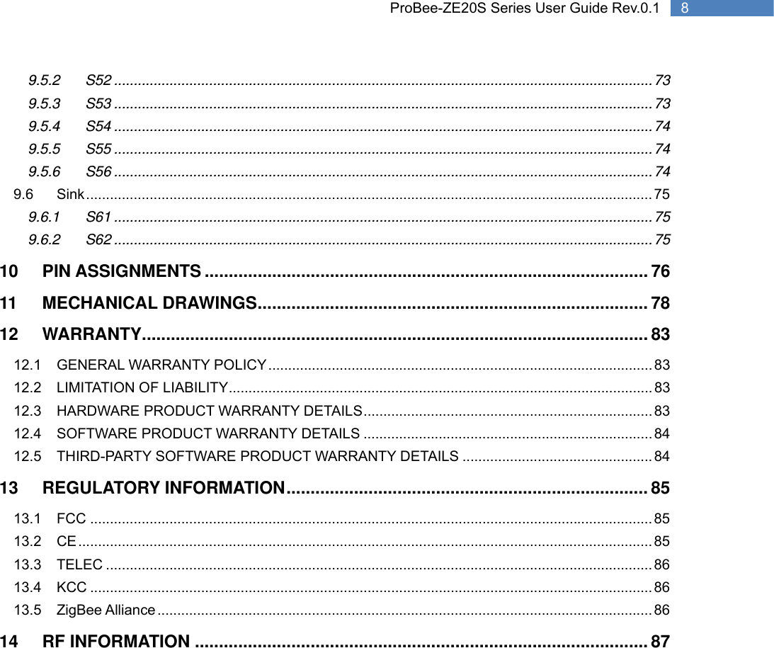   8 ProBee-ZE20S Series User Guide Rev.0.19.5.2 S52 ........................................................................................................................................ 73 9.5.3 S53 ........................................................................................................................................ 73 9.5.4 S54 ........................................................................................................................................ 74 9.5.5 S55 ........................................................................................................................................ 74 9.5.6 S56 ........................................................................................................................................ 74 9.6 Sink ............................................................................................................................................... 75 9.6.1 S61 ........................................................................................................................................ 75 9.6.2 S62 ........................................................................................................................................ 75 10 PIN ASSIGNMENTS ............................................................................................ 76 11 MECHANICAL DRAWINGS ................................................................................. 78 12 WARRANTY ......................................................................................................... 83 12.1 GENERAL WARRANTY POLICY ................................................................................................. 83 12.2 LIMITATION OF LIABILITY ........................................................................................................... 83 12.3 HARDWARE PRODUCT WARRANTY DETAILS ......................................................................... 83 12.4 SOFTWARE PRODUCT WARRANTY DETAILS ......................................................................... 84 12.5 THIRD-PARTY SOFTWARE PRODUCT WARRANTY DETAILS ................................................ 84 13 REGULATORY INFORMATION ........................................................................... 85 13.1 FCC .............................................................................................................................................. 85 13.2 CE ................................................................................................................................................. 85 13.3 TELEC .......................................................................................................................................... 86 13.4 KCC .............................................................................................................................................. 86 13.5 ZigBee Alliance ............................................................................................................................. 86 14 RF INFORMATION .............................................................................................. 87  