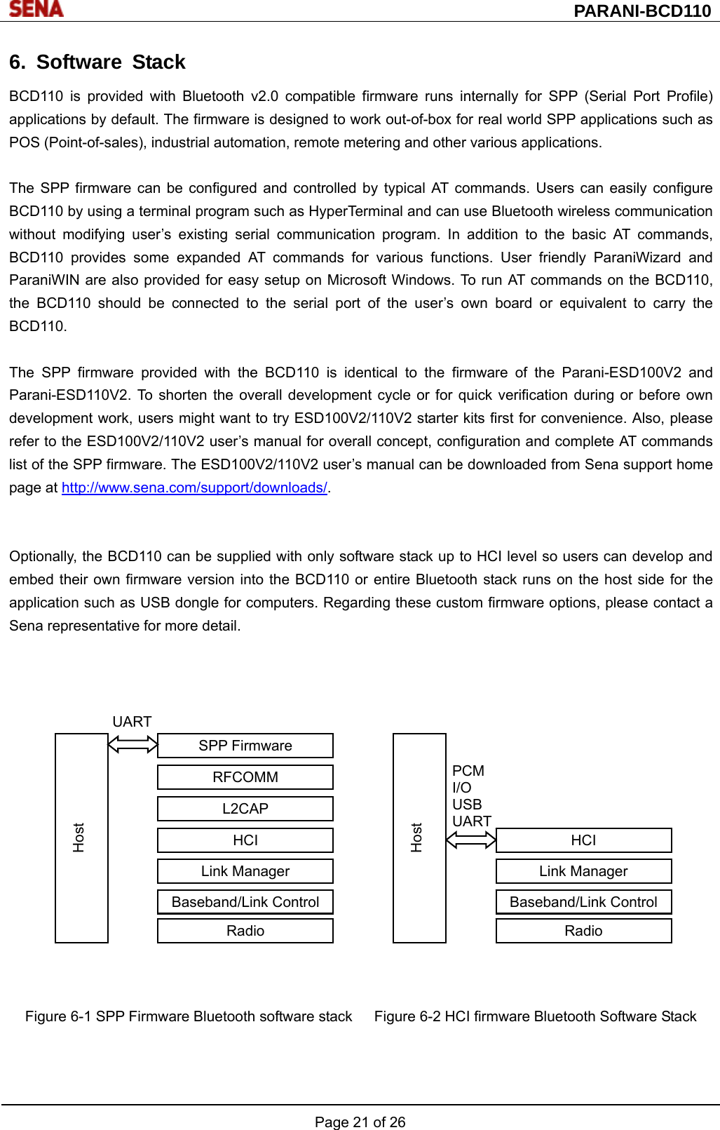  PARANI-BCD110 Page 21 of 26  6. Software Stack BCD110 is provided with Bluetooth v2.0 compatible firmware runs internally for SPP (Serial Port Profile) applications by default. The firmware is designed to work out-of-box for real world SPP applications such as POS (Point-of-sales), industrial automation, remote metering and other various applications.    The SPP firmware can be configured and controlled by typical AT commands. Users can easily configure BCD110 by using a terminal program such as HyperTerminal and can use Bluetooth wireless communication without modifying user’s existing serial communication program. In addition to the basic AT commands, BCD110 provides some expanded AT commands for various functions. User friendly ParaniWizard and ParaniWIN are also provided for easy setup on Microsoft Windows. To run AT commands on the BCD110, the BCD110 should be connected to the serial port of the user’s own board or equivalent to carry the BCD110.  The SPP firmware provided with the BCD110 is identical to the firmware of the Parani-ESD100V2 and Parani-ESD110V2. To shorten the overall development cycle or for quick verification during or before own development work, users might want to try ESD100V2/110V2 starter kits first for convenience. Also, please refer to the ESD100V2/110V2 user’s manual for overall concept, configuration and complete AT commands list of the SPP firmware. The ESD100V2/110V2 user’s manual can be downloaded from Sena support home page at http://www.sena.com/support/downloads/.   Optionally, the BCD110 can be supplied with only software stack up to HCI level so users can develop and embed their own firmware version into the BCD110 or entire Bluetooth stack runs on the host side for the application such as USB dongle for computers. Regarding these custom firmware options, please contact a Sena representative for more detail.      Figure 6-1 SPP Firmware Bluetooth software stack      Figure 6-2 HCI firmware Bluetooth Software Stack    PCM I/O USB UART Radio Baseband/Link ControlLink Manager HCI Host UART Radio Baseband/Link ControlLink Manager HCI L2CAP RFCOMM SPP Firmware Host 