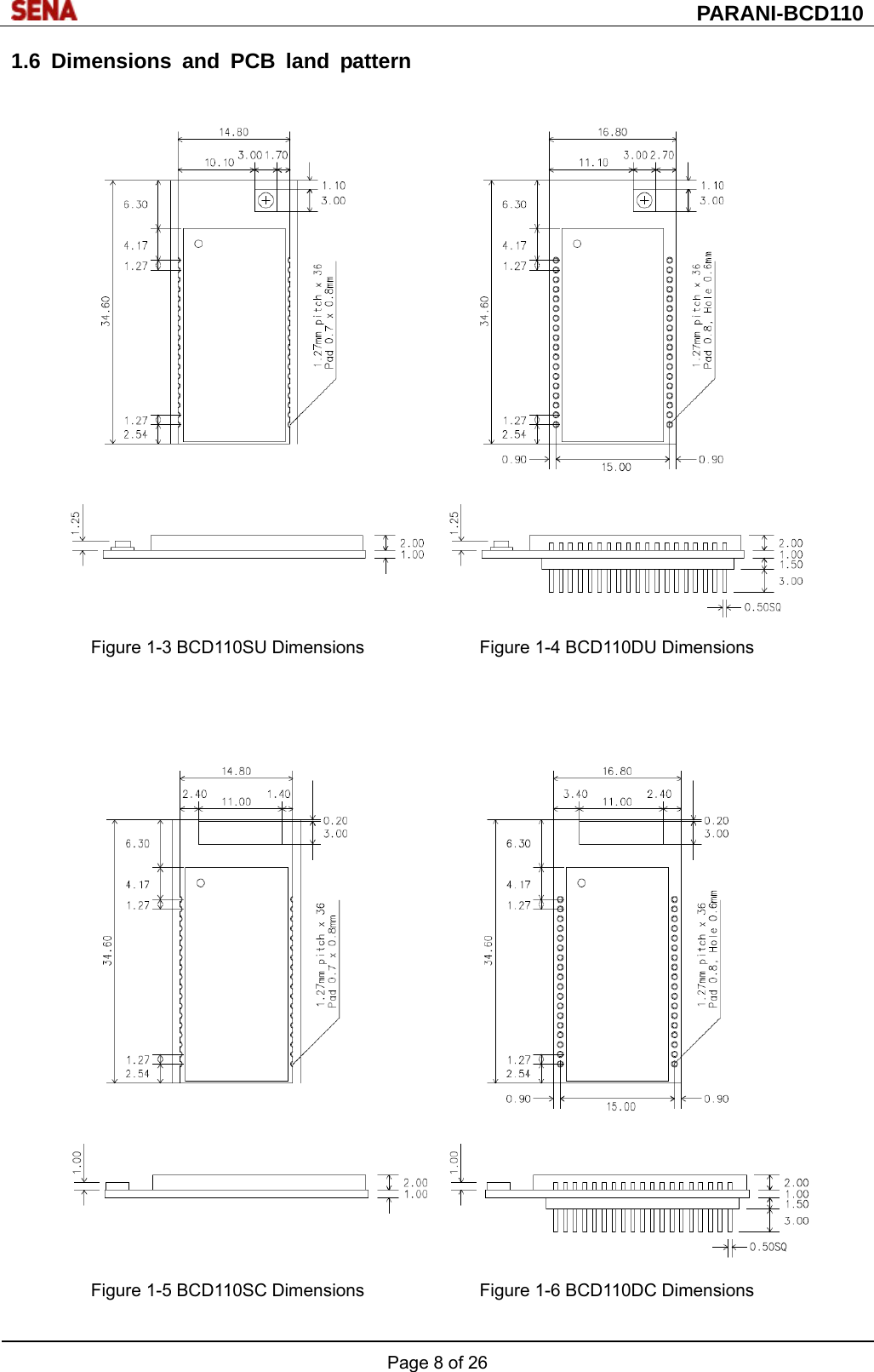  PARANI-BCD110 Page 8 of 26  1.6 Dimensions and PCB land pattern   Figure 1-3 BCD110SU Dimensions             Figure 1-4 BCD110DU Dimensions     Figure 1-5 BCD110SC Dimensions             Figure 1-6 BCD110DC Dimensions  