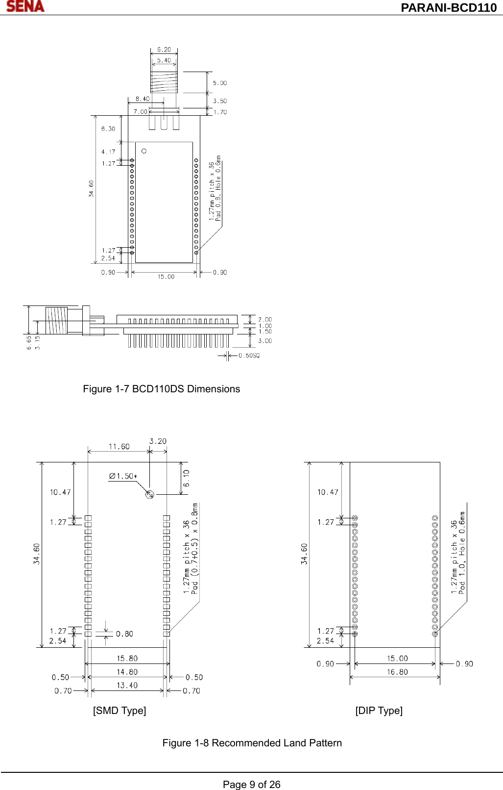  PARANI-BCD110 Page 9 of 26     Figure 1-7 BCD110DS Dimensions                     [SMD Type]                                         [DIP Type]  Figure 1-8 Recommended Land Pattern  