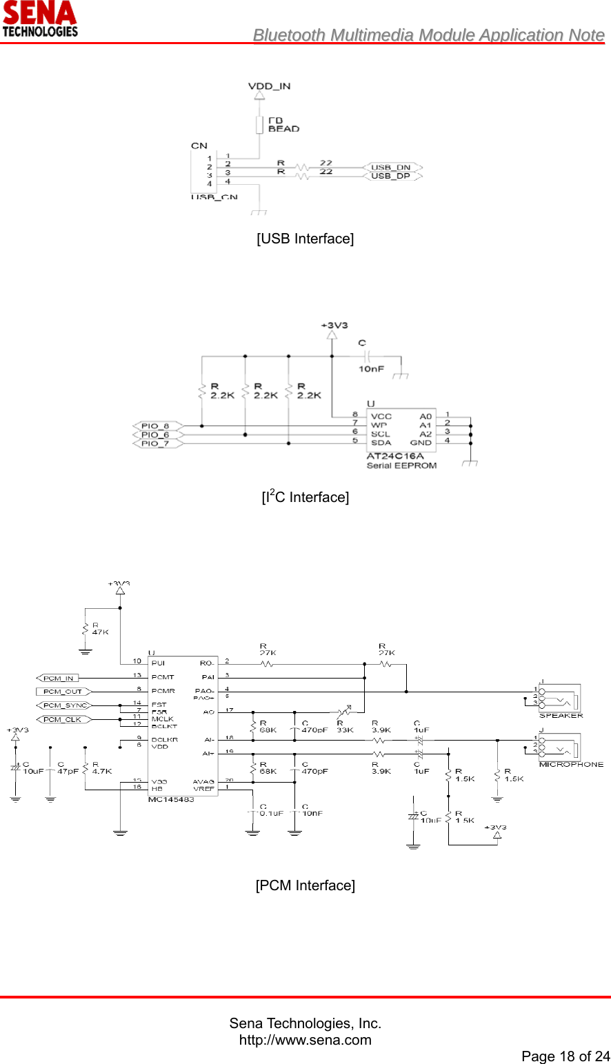                         BBlluueettooootthh  MMuullttiimmeeddiiaa  MMoodduullee  AApppplliiccaattiioonn  NNoottee                                                                                            Sena Technologies, Inc. http://www.sena.com Page 18 of 24   [USB Interface]    [I2C Interface]    [PCM Interface]   