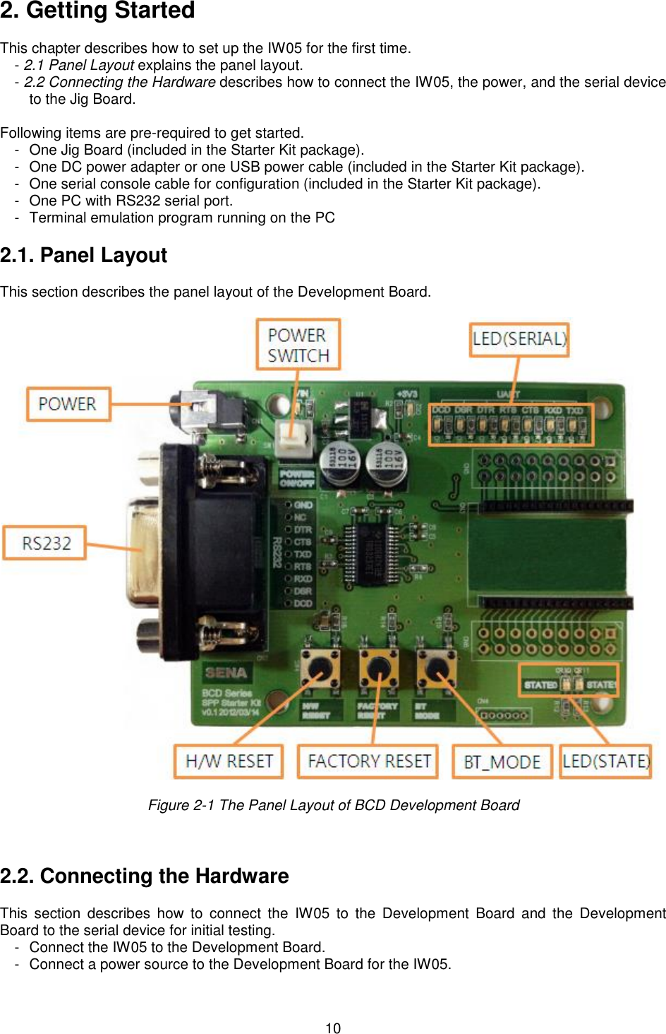   10 2. Getting Started  This chapter describes how to set up the IW05 for the first time. - 2.1 Panel Layout explains the panel layout. - 2.2 Connecting the Hardware describes how to connect the IW05, the power, and the serial device to the Jig Board.  Following items are pre-required to get started. -   One Jig Board (included in the Starter Kit package). -   One DC power adapter or one USB power cable (included in the Starter Kit package). -   One serial console cable for configuration (included in the Starter Kit package). -   One PC with RS232 serial port. -   Terminal emulation program running on the PC  2.1. Panel Layout                       This section describes the panel layout of the Development Board.      Figure 2-1 The Panel Layout of BCD Development Board    2.2. Connecting the Hardware                       This  section describes  how  to  connect  the  IW05  to  the  Development  Board  and  the  Development Board to the serial device for initial testing.   -   Connect the IW05 to the Development Board. -   Connect a power source to the Development Board for the IW05. 