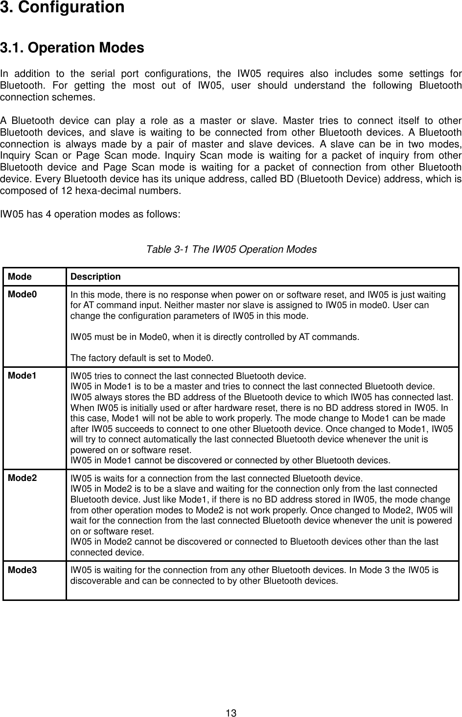   13 3. Configuration   3.1. Operation Modes  In  addition  to  the  serial  port  configurations,  the  IW05  requires  also  includes  some  settings  for Bluetooth.  For  getting  the  most  out  of  IW05,  user  should  understand  the  following  Bluetooth connection schemes.  A  Bluetooth  device  can  play  a  role  as  a  master  or  slave.  Master  tries  to  connect  itself  to  other Bluetooth  devices,  and slave  is  waiting to  be  connected from other Bluetooth  devices.  A  Bluetooth connection  is  always  made by  a  pair  of  master  and  slave  devices.  A  slave  can be  in  two  modes, Inquiry  Scan  or Page  Scan  mode. Inquiry  Scan  mode  is  waiting  for  a  packet  of  inquiry from other Bluetooth  device  and  Page  Scan  mode is  waiting for  a  packet  of  connection from  other  Bluetooth device. Every Bluetooth device has its unique address, called BD (Bluetooth Device) address, which is composed of 12 hexa-decimal numbers.  IW05 has 4 operation modes as follows:     Table 3-1 The IW05 Operation Modes  Mode Description Mode0 In this mode, there is no response when power on or software reset, and IW05 is just waiting for AT command input. Neither master nor slave is assigned to IW05 in mode0. User can change the configuration parameters of IW05 in this mode.  IW05 must be in Mode0, when it is directly controlled by AT commands.  The factory default is set to Mode0. Mode1 IW05 tries to connect the last connected Bluetooth device. IW05 in Mode1 is to be a master and tries to connect the last connected Bluetooth device. IW05 always stores the BD address of the Bluetooth device to which IW05 has connected last. When IW05 is initially used or after hardware reset, there is no BD address stored in IW05. In this case, Mode1 will not be able to work properly. The mode change to Mode1 can be made after IW05 succeeds to connect to one other Bluetooth device. Once changed to Mode1, IW05 will try to connect automatically the last connected Bluetooth device whenever the unit is powered on or software reset. IW05 in Mode1 cannot be discovered or connected by other Bluetooth devices. Mode2 IW05 is waits for a connection from the last connected Bluetooth device. IW05 in Mode2 is to be a slave and waiting for the connection only from the last connected Bluetooth device. Just like Mode1, if there is no BD address stored in IW05, the mode change from other operation modes to Mode2 is not work properly. Once changed to Mode2, IW05 will wait for the connection from the last connected Bluetooth device whenever the unit is powered on or software reset. IW05 in Mode2 cannot be discovered or connected to Bluetooth devices other than the last connected device. Mode3 IW05 is waiting for the connection from any other Bluetooth devices. In Mode 3 the IW05 is discoverable and can be connected to by other Bluetooth devices.  