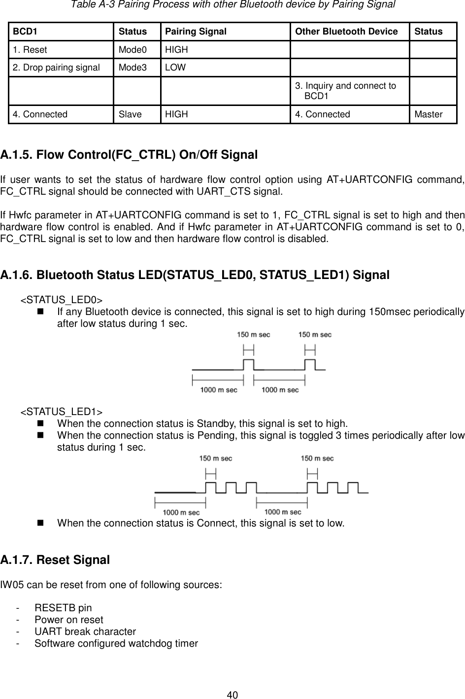  40 Table A-3 Pairing Process with other Bluetooth device by Pairing Signal BCD1 Status Pairing Signal Other Bluetooth Device Status 1. ResetMode0 HIGH 2. Drop pairing signalMode3 LOW 3. Inquiry and connect toBCD14. ConnectedSlave HIGH 4. ConnectedMaster A.1.5. Flow Control(FC_CTRL) On/Off SignalIf  user wants  to  set  the status of  hardware flow  control option  using  AT+UARTCONFIG command, FC_CTRL signal should be connected with UART_CTS signal. If Hwfc parameter in AT+UARTCONFIG command is set to 1, FC_CTRL signal is set to high and then hardware flow control is enabled. And if Hwfc parameter in AT+UARTCONFIG command is set to 0, FC_CTRL signal is set to low and then hardware flow control is disabled. A.1.6. Bluetooth Status LED(STATUS_LED0, STATUS_LED1) Signal&lt;STATUS_LED0&gt;If any Bluetooth device is connected, this signal is set to high during 150msec periodicallyafter low status during 1 sec.&lt;STATUS_LED1&gt; When the connection status is Standby, this signal is set to high.When the connection status is Pending, this signal is toggled 3 times periodically after lowstatus during 1 sec.When the connection status is Connect, this signal is set to low.A.1.7. Reset SignalIW05 can be reset from one of following sources: - RESETB pin- Power on reset- UART break character- Software configured watchdog timer