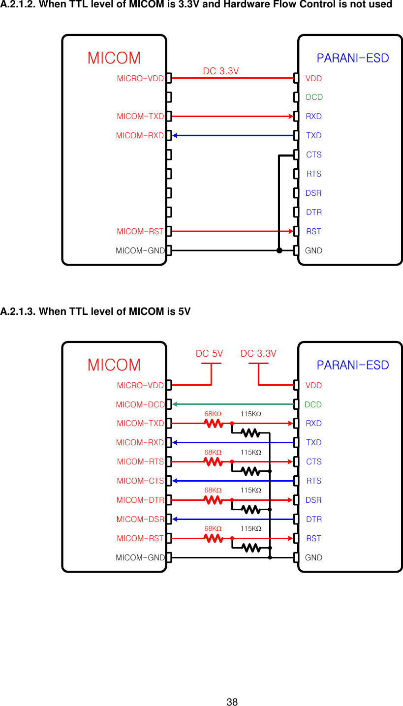   38  A.2.1.2. When TTL level of MICOM is 3.3V and Hardware Flow Control is not used  MICOMMICRO-VDDMICOM-RXDMICOM-RSTTXDRXDCTSRTSRSTDTRDSRMICOM-TXDMICOM-GNDVDDGNDDCDDC 3.3VPARANI-ESD   A.2.1.3. When TTL level of MICOM is 5V  MICOMMICRO-VDDMICOM-RXDMICOM-CTSMICOM-RTSMICOM-RSTMICOM-DTRMICOM-DSRTXDRXDCTSRTSRSTDTRDSRMICOM-TXDMICOM-GNDVDDGNDMICOM-DCD DCDDC 3.3V68K115K68K115K68K115K68K115KDC 5VPARANI-ESD 