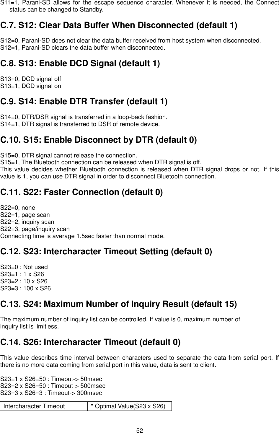  52 S11=1,  Parani-SD  allows  for  the  escape  sequence  character.  Whenever  it  is  needed,  the  Connect status can be changed to Standby.  C.7. S12: Clear Data Buffer When Disconnected (default 1)  S12=0, Parani-SD does not clear the data buffer received from host system when disconnected. S12=1, Parani-SD clears the data buffer when disconnected.  C.8. S13: Enable DCD Signal (default 1)  S13=0, DCD signal off S13=1, DCD signal on  C.9. S14: Enable DTR Transfer (default 1)  S14=0, DTR/DSR signal is transferred in a loop-back fashion. S14=1, DTR signal is transferred to DSR of remote device.  C.10. S15: Enable Disconnect by DTR (default 0)  S15=0, DTR signal cannot release the connection. S15=1, The Bluetooth connection can be released when DTR signal is off. This value  decides whether Bluetooth connection is released when DTR signal drops or not.  If this value is 1, you can use DTR signal in order to disconnect Bluetooth connection.    C.11. S22: Faster Connection (default 0)  S22=0, none S22=1, page scan S22=2, inquiry scan S22=3, page/inquiry scan Connecting time is average 1.5sec faster than normal mode.  C.12. S23: Intercharacter Timeout Setting (default 0)  S23=0 : Not used S23=1 : 1 x S26 S23=2 : 10 x S26 S23=3 : 100 x S26  C.13. S24: Maximum Number of Inquiry Result (default 15)  The maximum number of inquiry list can be controlled. If value is 0, maximum number of inquiry list is limitless.  C.14. S26: Intercharacter Timeout (default 0)  This value describes time interval between characters used to separate the data from serial port. If there is no more data coming from serial port in this value, data is sent to client.  S23=1 x S26=50 : Timeout-&gt; 50msec S23=2 x S26=50 : Timeout-&gt; 500msec S23=3 x S26=3 : Timeout-&gt; 300msec Intercharacter Timeout * Optimal Value(S23 x S26) 