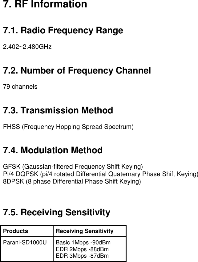 7. RF Information   7.1. Radio Frequency Range  2.402~2.480GHz   7.2. Number of Frequency Channel  79 channels   7.3. Transmission Method  FHSS (Frequency Hopping Spread Spectrum)   7.4. Modulation Method  GFSK (Gaussian-filtered Frequency Shift Keying) Pi/4 DQPSK (pi/4 rotated Differential Quaternary Phase Shift Keying) 8DPSK (8 phase Differential Phase Shift Keying)    7.5. Receiving Sensitivity  Products Receiving Sensitivity Parani-SD1000U Basic 1Mbps -90dBm EDR 2Mbps -88dBm EDR 3Mbps -87dBm   