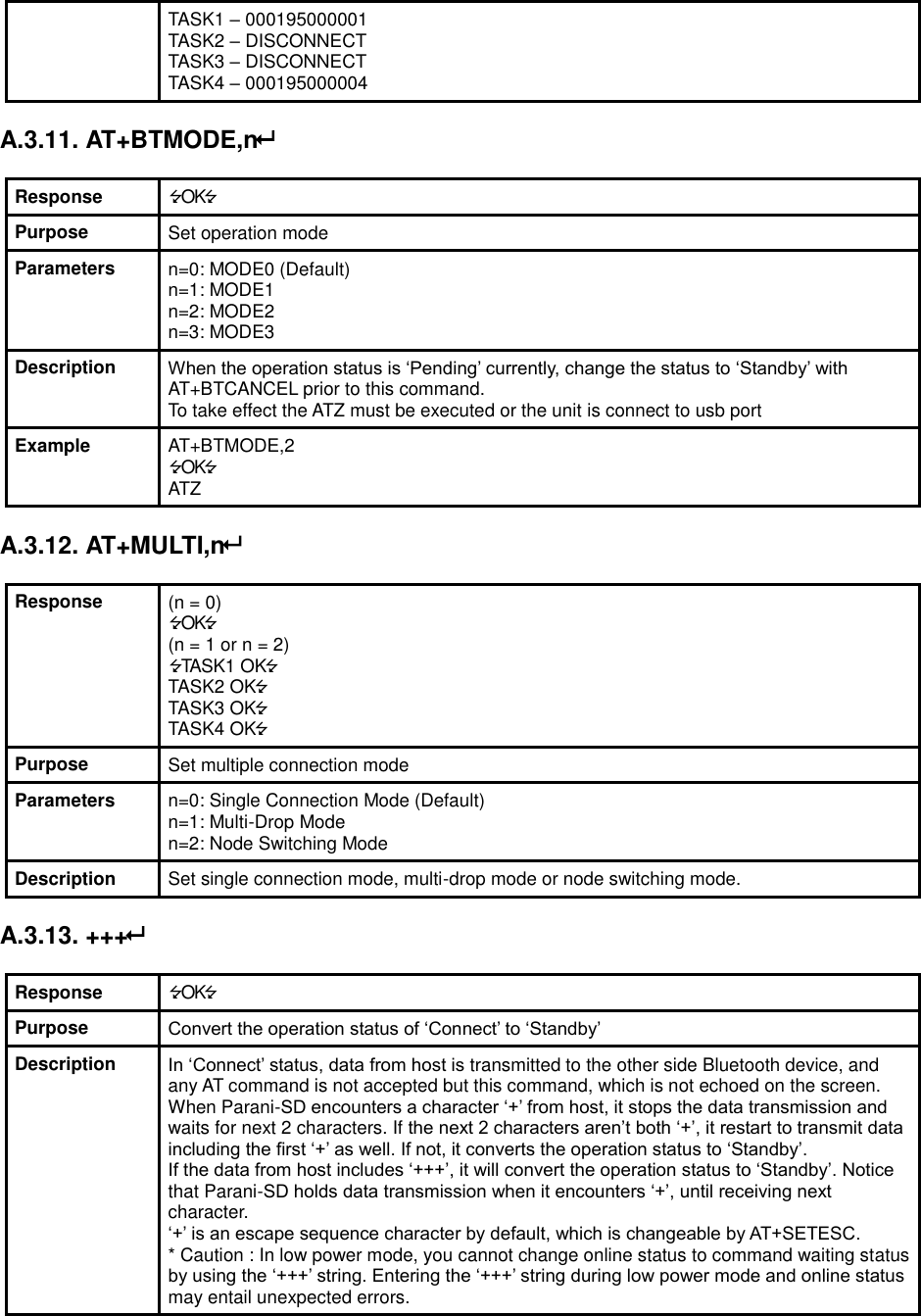 TASK1 – 000195000001 TASK2 – DISCONNECT TASK3 – DISCONNECT TASK4 – 000195000004  A.3.11. AT+BTMODE,n  Response OK Purpose Set operation mode Parameters n=0: MODE0 (Default) n=1: MODE1 n=2: MODE2 n=3: MODE3 Description When the operation status is ‘Pending’ currently, change the status to ‘Standby’ with AT+BTCANCEL prior to this command. To take effect the ATZ must be executed or the unit is connect to usb port Example AT+BTMODE,2 OK ATZ  A.3.12. AT+MULTI,n  Response (n = 0) OK (n = 1 or n = 2) TASK1 OK TASK2 OK TASK3 OK TASK4 OK Purpose Set multiple connection mode Parameters n=0: Single Connection Mode (Default) n=1: Multi-Drop Mode n=2: Node Switching Mode Description Set single connection mode, multi-drop mode or node switching mode.  A.3.13. +++  Response OK Purpose Convert the operation status of ‘Connect’ to ‘Standby’ Description In ‘Connect’ status, data from host is transmitted to the other side Bluetooth device, and any AT command is not accepted but this command, which is not echoed on the screen. When Parani-SD encounters a character ‘+’ from host, it stops the data transmission and waits for next 2 characters. If the next 2 characters aren’t both ‘+’, it restart to transmit data including the first ‘+’ as well. If not, it converts the operation status to ‘Standby’. If the data from host includes ‘+++’, it will convert the operation status to ‘Standby’. Notice that Parani-SD holds data transmission when it encounters ‘+’, until receiving next character. ‘+’ is an escape sequence character by default, which is changeable by AT+SETESC. * Caution : In low power mode, you cannot change online status to command waiting status by using the ‘+++’ string. Entering the ‘+++’ string during low power mode and online status may entail unexpected errors.  