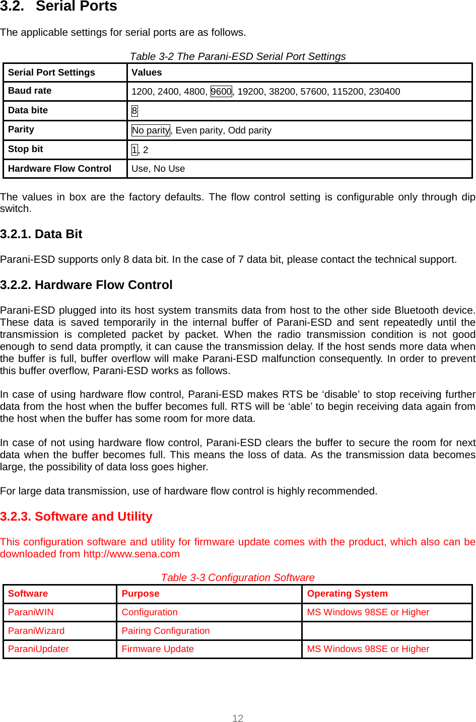  12 3.2.   Serial Ports  The applicable settings for serial ports are as follows.  Table 3-2 The Parani-ESD Serial Port Settings Serial Port Settings  Values Baud rate  1200, 2400, 4800, 9600, 19200, 38200, 57600, 115200, 230400       Data bite  8 Parity  No parity, Even parity, Odd parity Stop bit  1, 2 Hardware Flow Control  Use, No Use  The values in box are the factory defaults. The flow control setting is configurable only through dip switch.   3.2.1. Data Bit  Parani-ESD supports only 8 data bit. In the case of 7 data bit, please contact the technical support.  3.2.2. Hardware Flow Control  Parani-ESD plugged into its host system transmits data from host to the other side Bluetooth device. These data is saved temporarily in the internal buffer of Parani-ESD and sent repeatedly until the transmission is completed packet by packet. When the radio transmission condition is not good enough to send data promptly, it can cause the transmission delay. If the host sends more data when the buffer is full, buffer overflow will make Parani-ESD malfunction consequently. In order to prevent this buffer overflow, Parani-ESD works as follows.  In case of using hardware flow control, Parani-ESD makes RTS be ‘disable’ to stop receiving further data from the host when the buffer becomes full. RTS will be ‘able’ to begin receiving data again from the host when the buffer has some room for more data.  In case of not using hardware flow control, Parani-ESD clears the buffer to secure the room for next data when the buffer becomes full. This means the loss of data. As the transmission data becomes large, the possibility of data loss goes higher.  For large data transmission, use of hardware flow control is highly recommended.  3.2.3. Software and Utility  This configuration software and utility for firmware update comes with the product, which also can be downloaded from http://www.sena.com  Table 3-3 Configuration Software Software Purpose  Operating System ParaniWIN    Configuration  MS Windows 98SE or Higher   ParaniWizard Pairing Configuration   ParaniUpdater    Firmware Update  MS Windows 98SE or Higher    