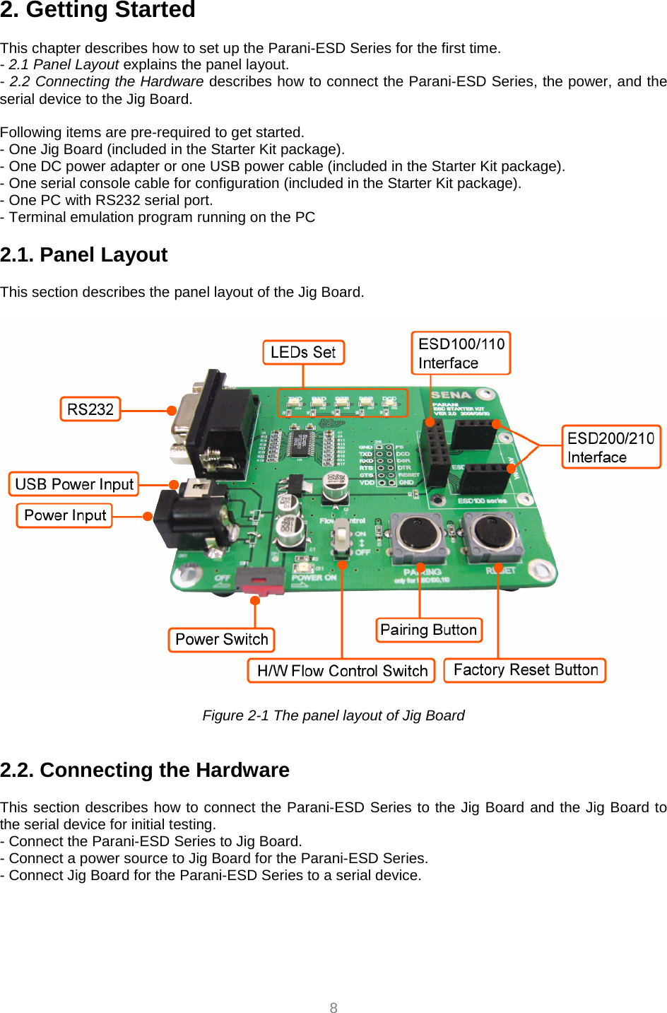  8 2. Getting Started  This chapter describes how to set up the Parani-ESD Series for the first time. - 2.1 Panel Layout explains the panel layout. - 2.2 Connecting the Hardware describes how to connect the Parani-ESD Series, the power, and the serial device to the Jig Board.  Following items are pre-required to get started. - One Jig Board (included in the Starter Kit package). - One DC power adapter or one USB power cable (included in the Starter Kit package). - One serial console cable for configuration (included in the Starter Kit package). - One PC with RS232 serial port. - Terminal emulation program running on the PC  2.1. Panel Layout             This section describes the panel layout of the Jig Board.      Figure 2-1 The panel layout of Jig Board   2.2. Connecting the Hardware             This section describes how to connect the Parani-ESD Series to the Jig Board and the Jig Board to the serial device for initial testing.   - Connect the Parani-ESD Series to Jig Board. - Connect a power source to Jig Board for the Parani-ESD Series. - Connect Jig Board for the Parani-ESD Series to a serial device.     