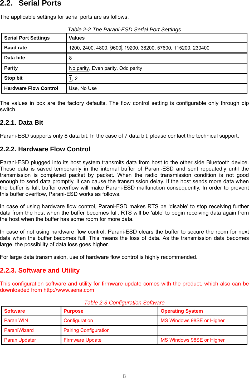  8 2.2.   Serial Ports  The applicable settings for serial ports are as follows.  Table 2-2 The Parani-ESD Serial Port Settings Serial Port Settings  Values Baud rate  1200, 2400, 4800, 9600, 19200, 38200, 57600, 115200, 230400       Data bite  8 Parity  No parity, Even parity, Odd parity Stop bit  1, 2 Hardware Flow Control  Use, No Use  The values in box are the factory defaults. The flow control setting is configurable only through dip switch.   2.2.1. Data Bit  Parani-ESD supports only 8 data bit. In the case of 7 data bit, please contact the technical support.  2.2.2. Hardware Flow Control  Parani-ESD plugged into its host system transmits data from host to the other side Bluetooth device. These data is saved temporarily in the internal buffer of Parani-ESD and sent repeatedly until the transmission is completed packet by packet. When the radio transmission condition is not good enough to send data promptly, it can cause the transmission delay. If the host sends more data when the buffer is full, buffer overflow will make Parani-ESD malfunction consequently. In order to prevent this buffer overflow, Parani-ESD works as follows.  In case of using hardware flow control, Parani-ESD makes RTS be ‘disable’ to stop receiving further data from the host when the buffer becomes full. RTS will be ‘able’ to begin receiving data again from the host when the buffer has some room for more data.  In case of not using hardware flow control, Parani-ESD clears the buffer to secure the room for next data when the buffer becomes full. This means the loss of data. As the transmission data becomes large, the possibility of data loss goes higher.  For large data transmission, use of hardware flow control is highly recommended.  2.2.3. Software and Utility  This configuration software and utility for firmware update comes with the product, which also can be downloaded from http://www.sena.com  Table 2-3 Configuration Software Software Purpose  Operating System ParaniWIN    Configuration  MS Windows 98SE or Higher   ParaniWizard Pairing Configuration   ParaniUpdater    Firmware Update  MS Windows 98SE or Higher    