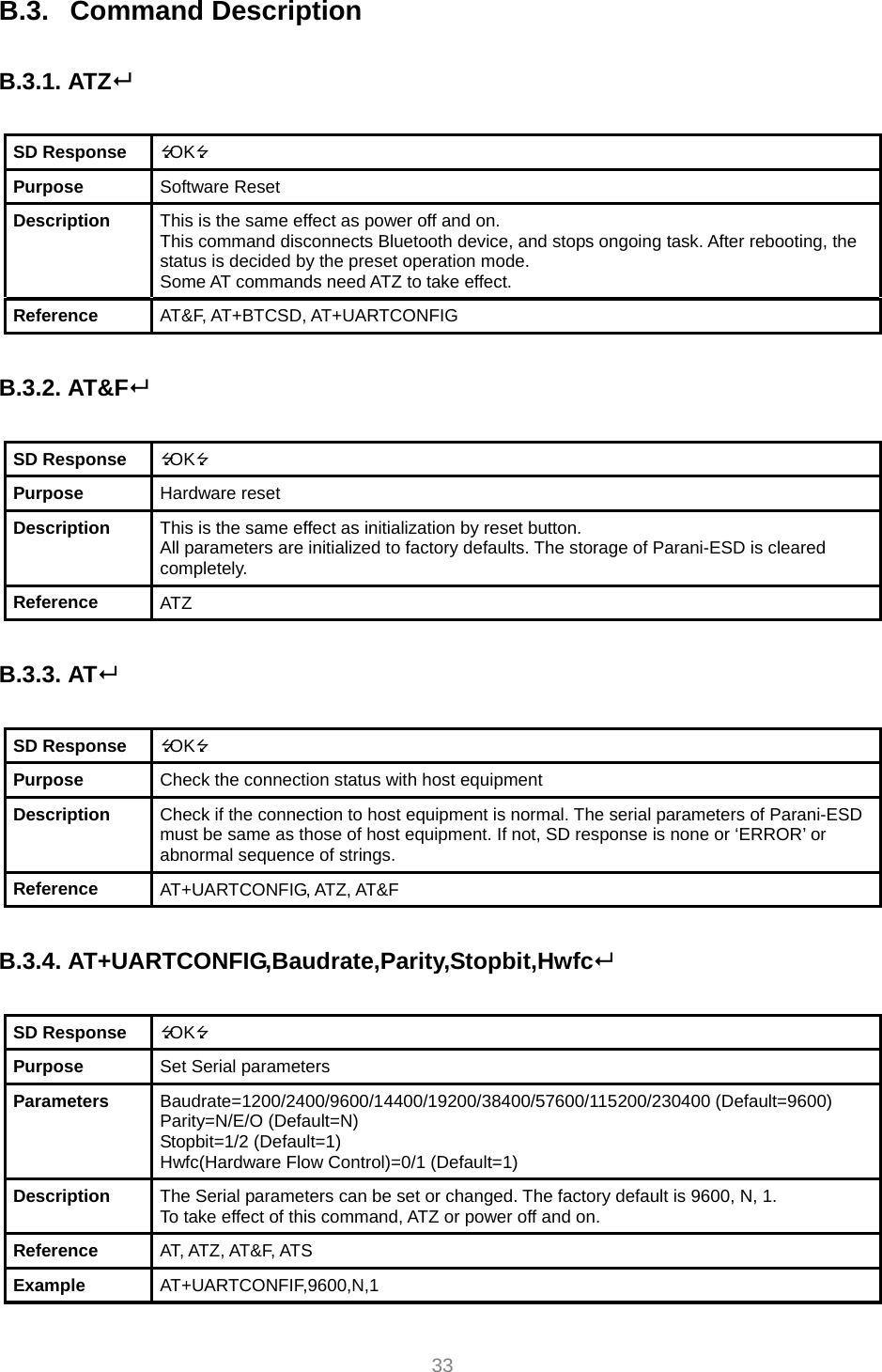     33 B.3.   Command Description  B.3.1. ATZ  SD Response  OK Purpose  Software Reset Description  This is the same effect as power off and on. This command disconnects Bluetooth device, and stops ongoing task. After rebooting, the status is decided by the preset operation mode. Some AT commands need ATZ to take effect. Reference  AT&amp;F, AT+BTCSD, AT+UARTCONFIG  B.3.2. AT&amp;F  SD Response  OK Purpose  Hardware reset Description  This is the same effect as initialization by reset button. All parameters are initialized to factory defaults. The storage of Parani-ESD is cleared completely. Reference  ATZ  B.3.3. AT  SD Response  OK Purpose  Check the connection status with host equipment Description  Check if the connection to host equipment is normal. The serial parameters of Parani-ESD must be same as those of host equipment. If not, SD response is none or ‘ERROR’ or abnormal sequence of strings. Reference  AT+UARTCONFIG, ATZ, AT&amp;F  B.3.4. AT+UARTCONFIG,Baudrate,Parity,Stopbit,Hwfc  SD Response  OK Purpose  Set Serial parameters Parameters  Baudrate=1200/2400/9600/14400/19200/38400/57600/115200/230400 (Default=9600) Parity=N/E/O (Default=N) Stopbit=1/2 (Default=1) Hwfc(Hardware Flow Control)=0/1 (Default=1) Description  The Serial parameters can be set or changed. The factory default is 9600, N, 1. To take effect of this command, ATZ or power off and on. Reference  AT, ATZ, AT&amp;F, ATS Example  AT+UARTCONFIF,9600,N,1 