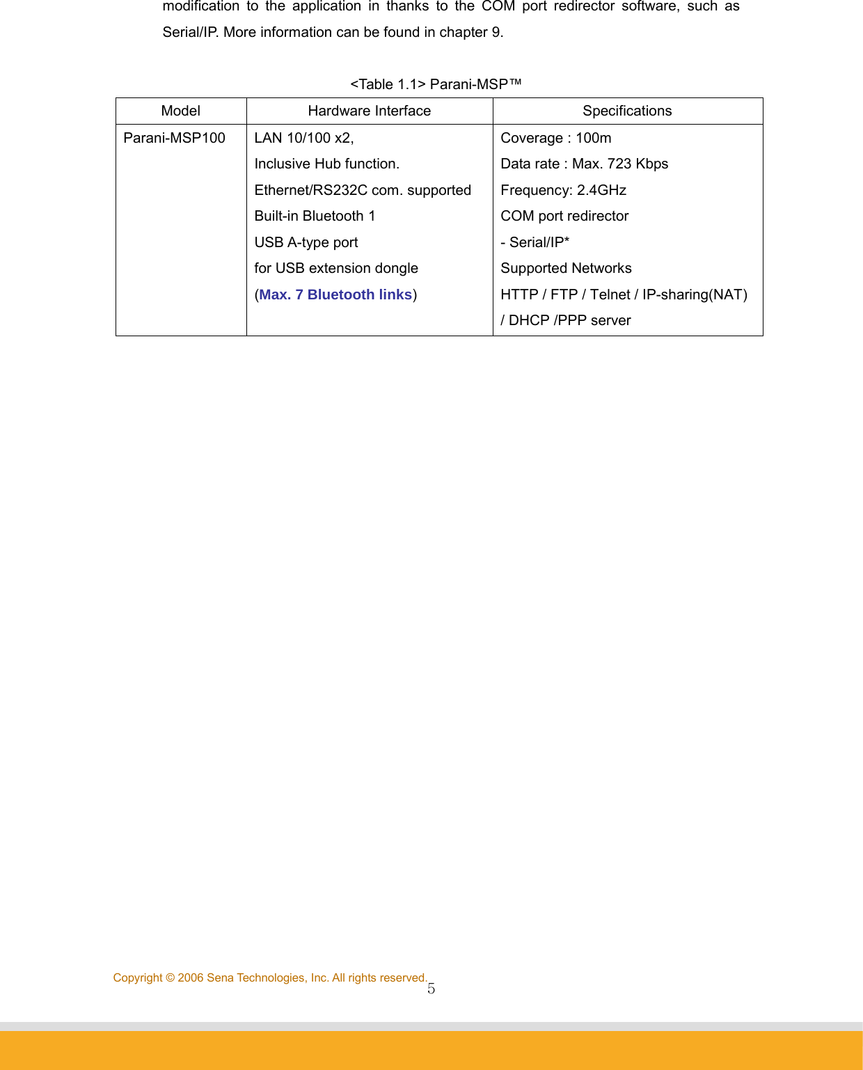                5Copyright © 2006 Sena Technologies, Inc. All rights reserved.modification to the application in thanks to the COM port redirector software, such as Serial/IP. More information can be found in chapter 9.  &lt;Table 1.1&gt; Parani-MSP™ Model Hardware Interface  Specifications Parani-MSP100  LAN 10/100 x2, Inclusive Hub function. Ethernet/RS232C com. supported Built-in Bluetooth 1   USB A-type port for USB extension dongle (Max. 7 Bluetooth links) Coverage : 100m Data rate : Max. 723 Kbps Frequency: 2.4GHz COM port redirector   - Serial/IP* Supported Networks HTTP / FTP / Telnet / IP-sharing(NAT) / DHCP /PPP server                           