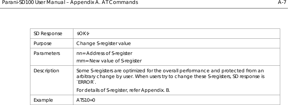  Parani-SD100 User Manual – Appendix A. AT Commands  A-7 SD Response  OK Purpose Change S-register value Parameters  nn= Address of S-register mm= New value of S-register Description  Some S-registers are optimized for the overall performance and protected from an arbitrary change by user. When users try to change these S-registers, SD response is ‘ERROR’. For details of S-register, refer Appendix. B. Example ATS10=0  